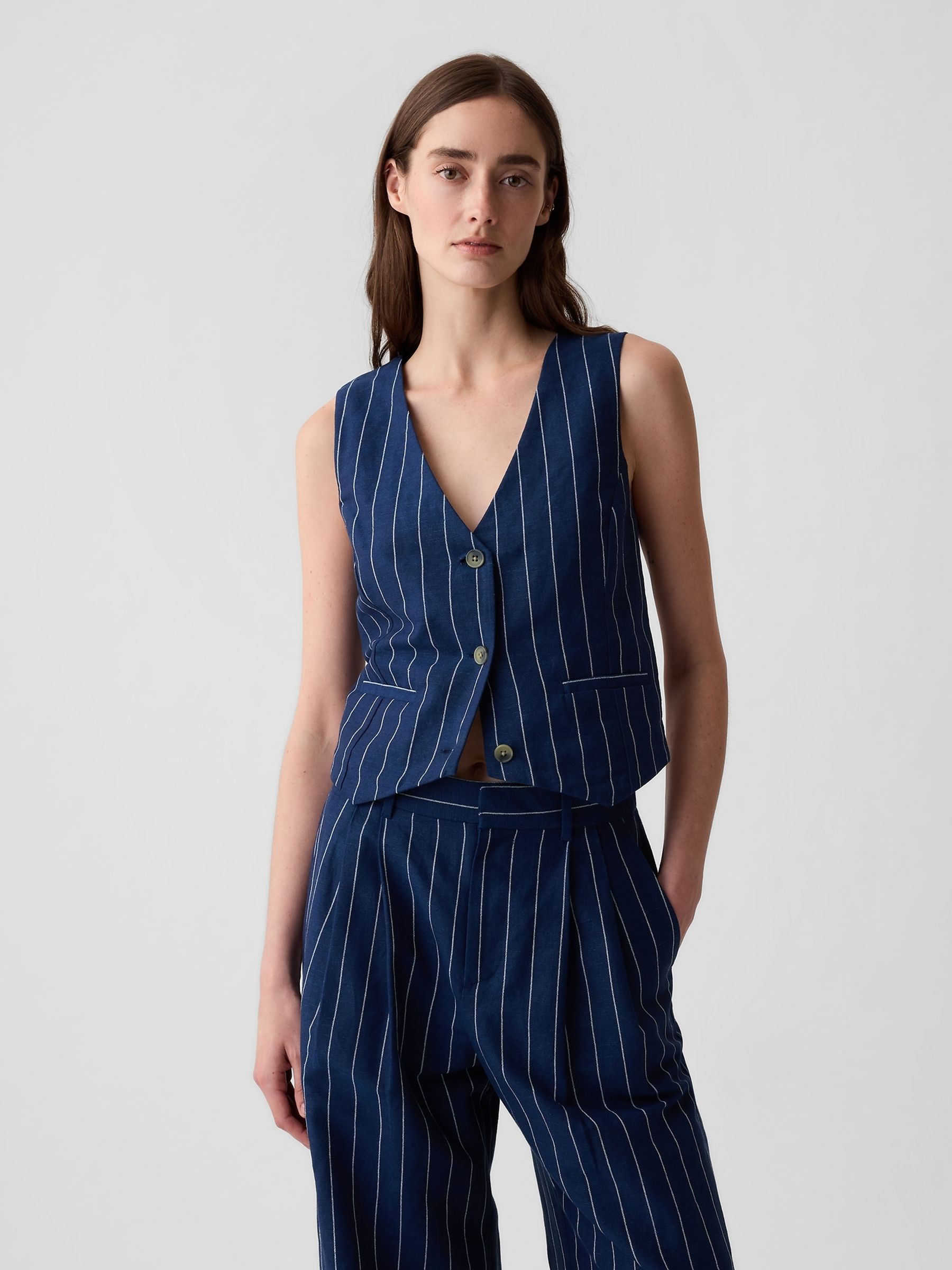 Buy Navy Blue Pinstripe Linen Cotton Waistcoat from the Gap online shop