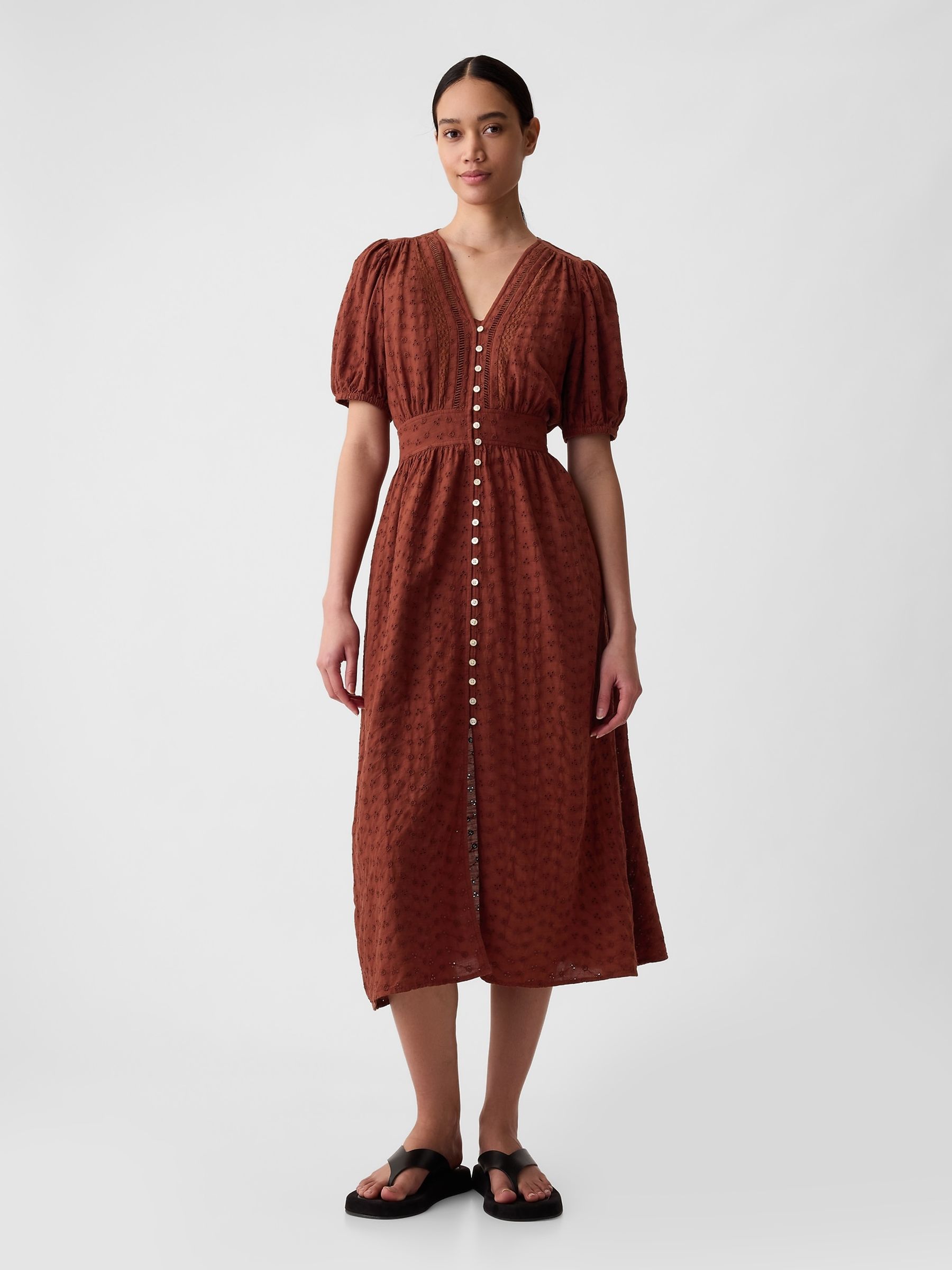 Brown Puff Sleeve Button Front Broderie Midi Dress