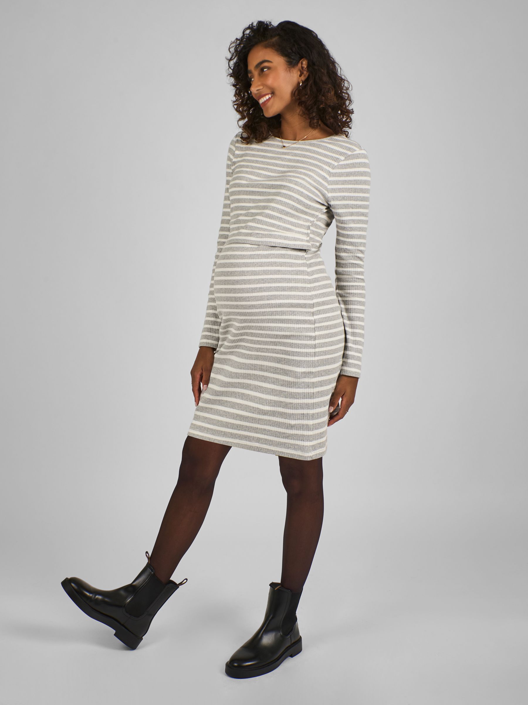 Grey and Ecru Cream Ribbed Mini Maternity Nursing Dress