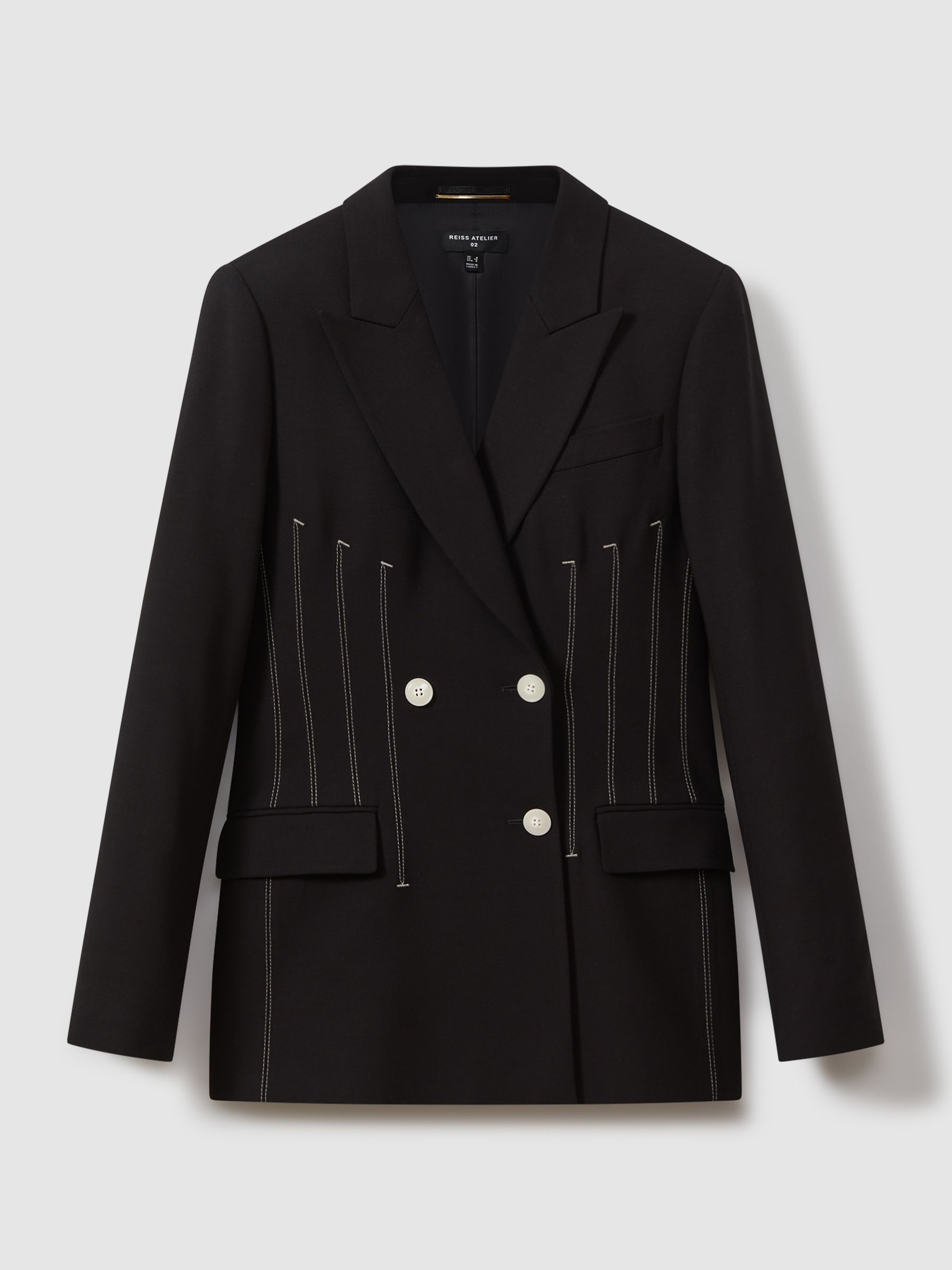 Reiss Honor Black Double Breasted Corset Stitch Blazer REISS