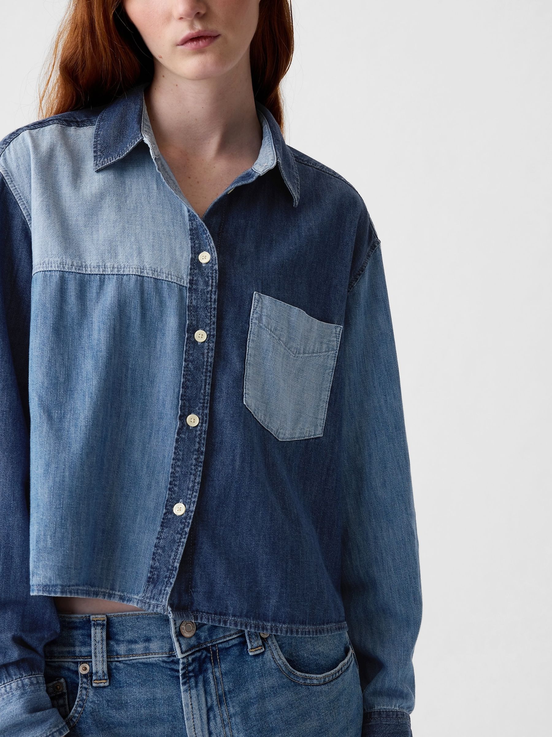 Blue Cropped Patchwork Denim Shirt
