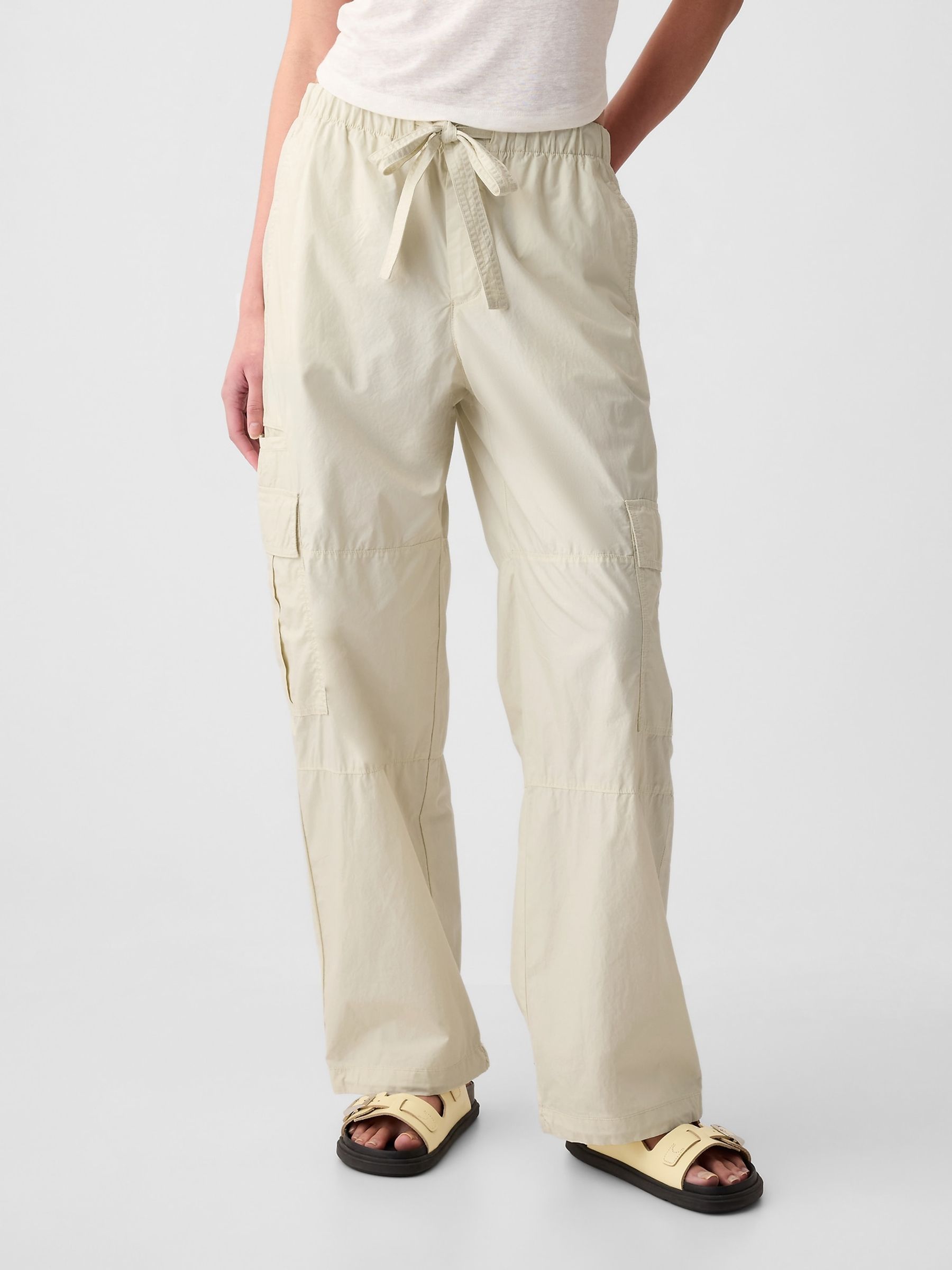 Beige Cotton Mid Rise Cargo Parachute Trousers
