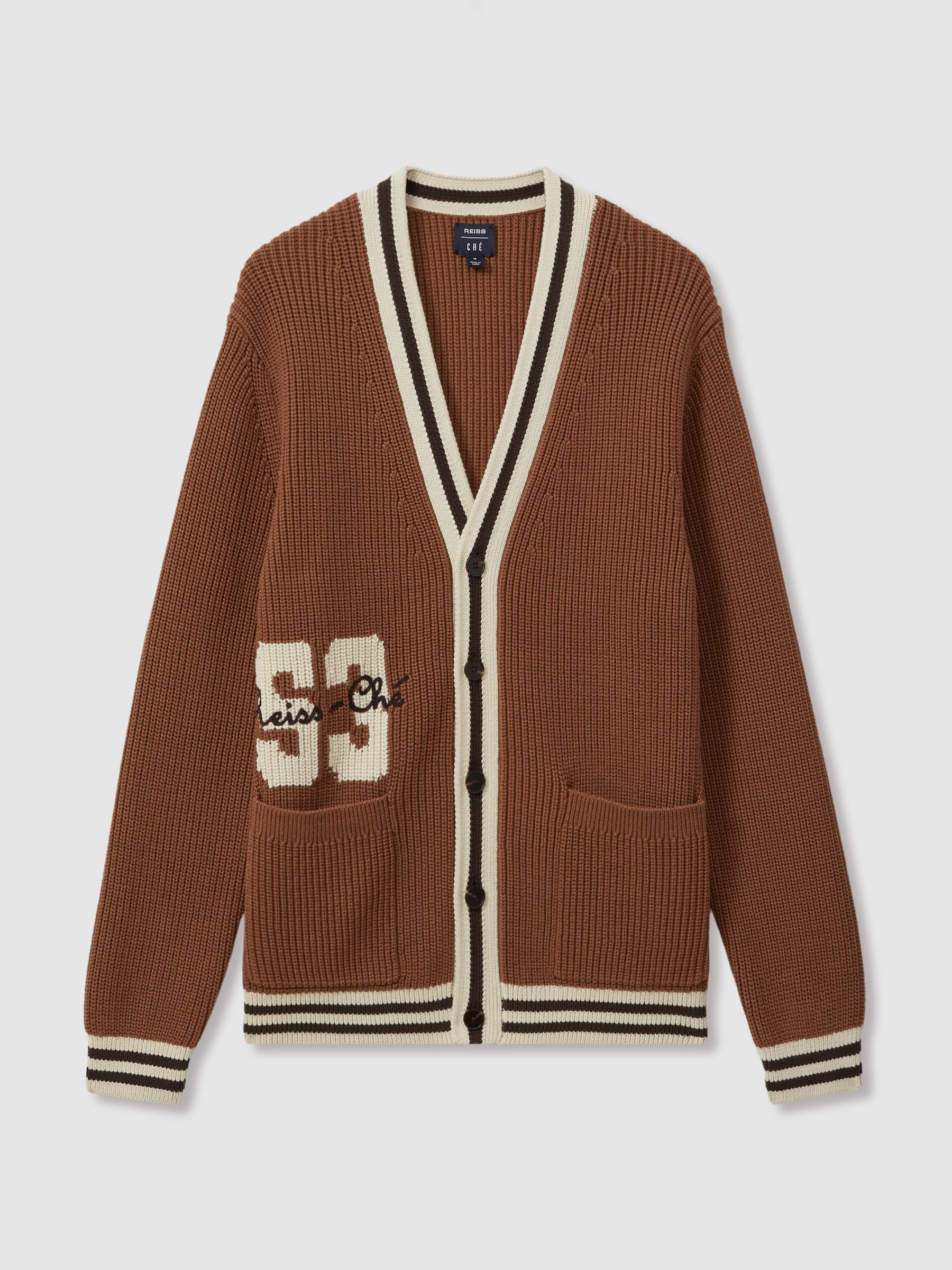 Reiss Push Tobacco Brown Che Embroidered Varsity Cardigan REISS