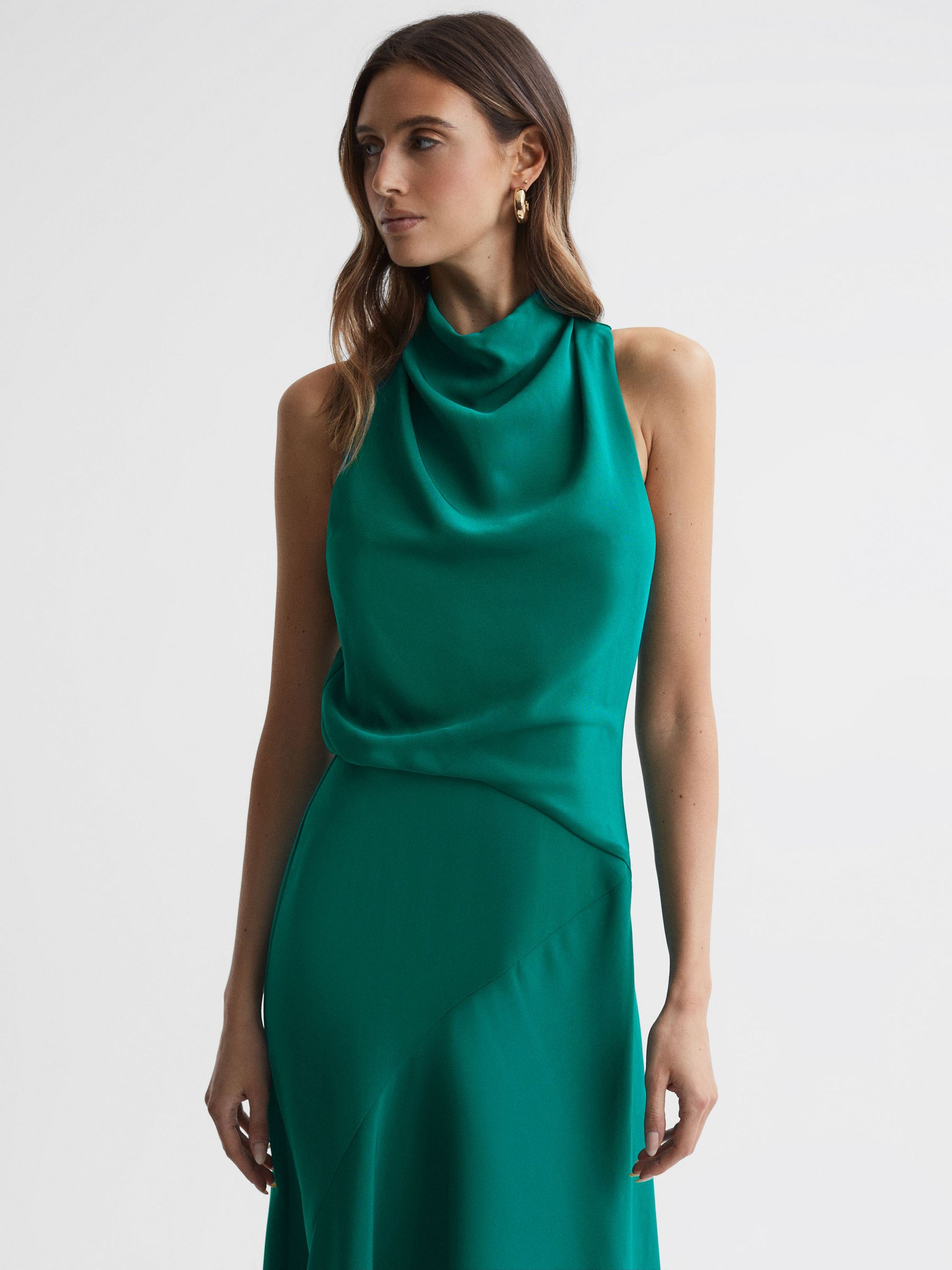 Reiss High Neck Draped Midi Dress in Green | REISS