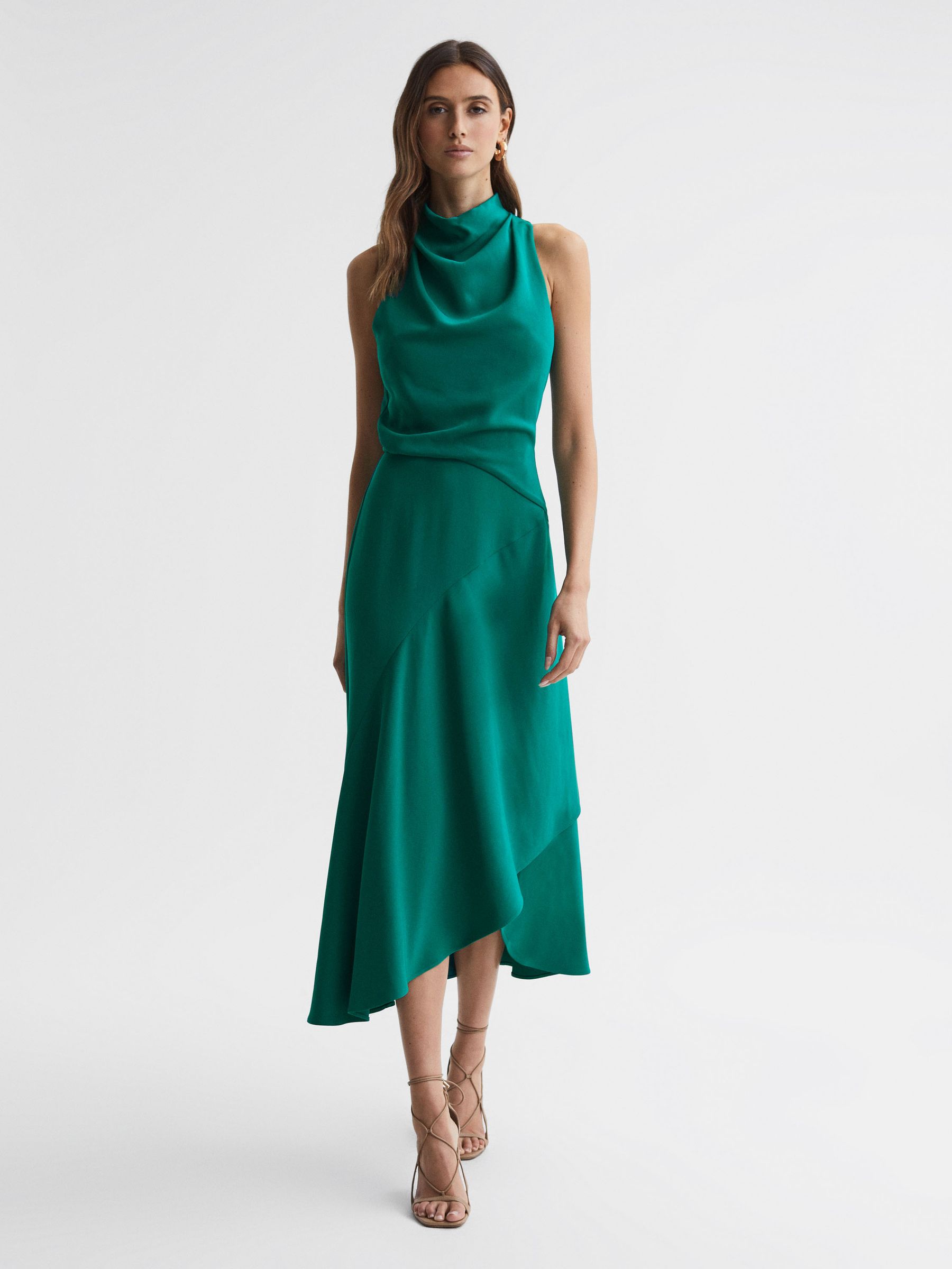 Reiss Petite High Neck Draped Midi Dress in Green REISS