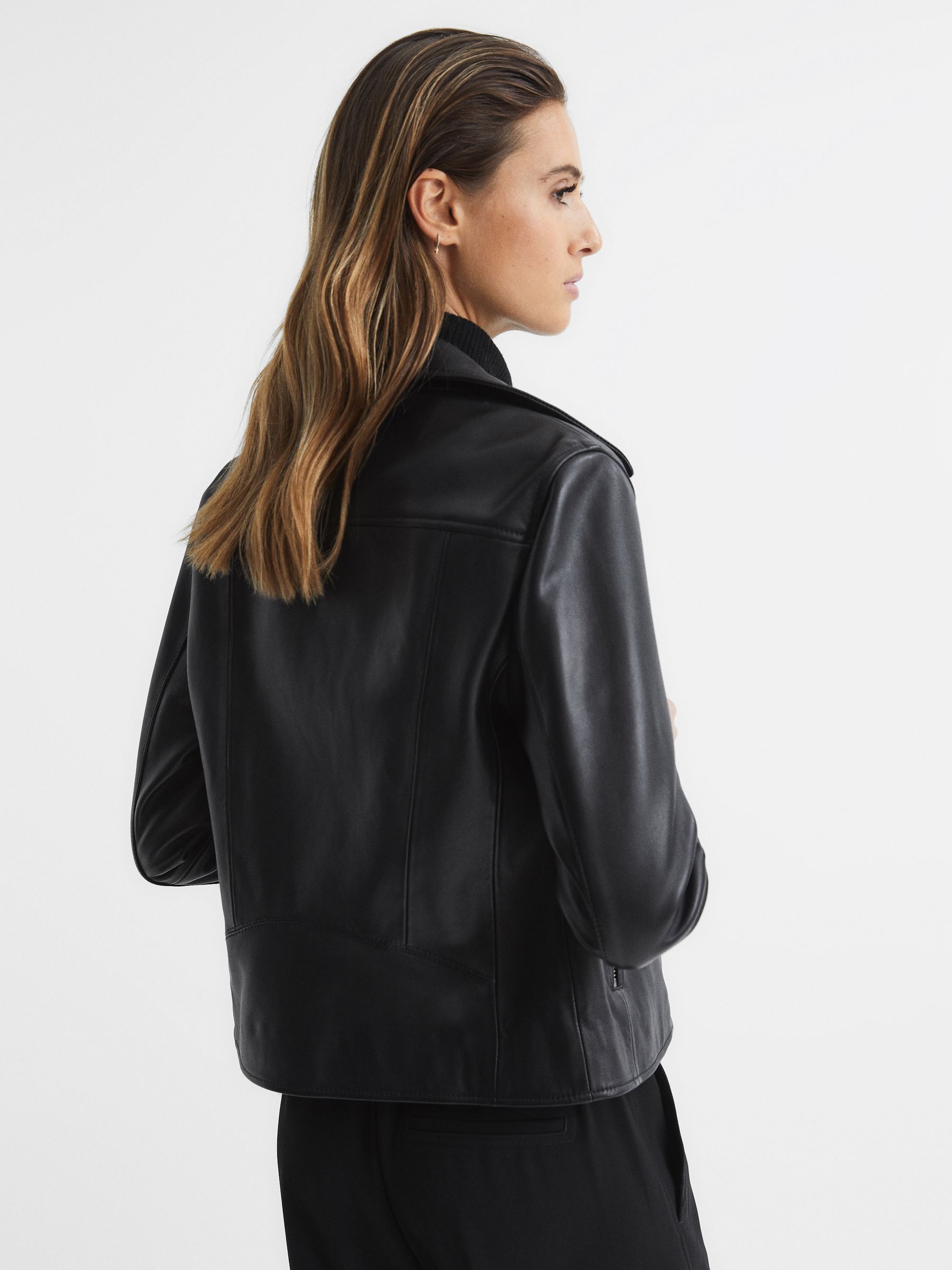 Reiss Leather Biker Jacket in Black REISS