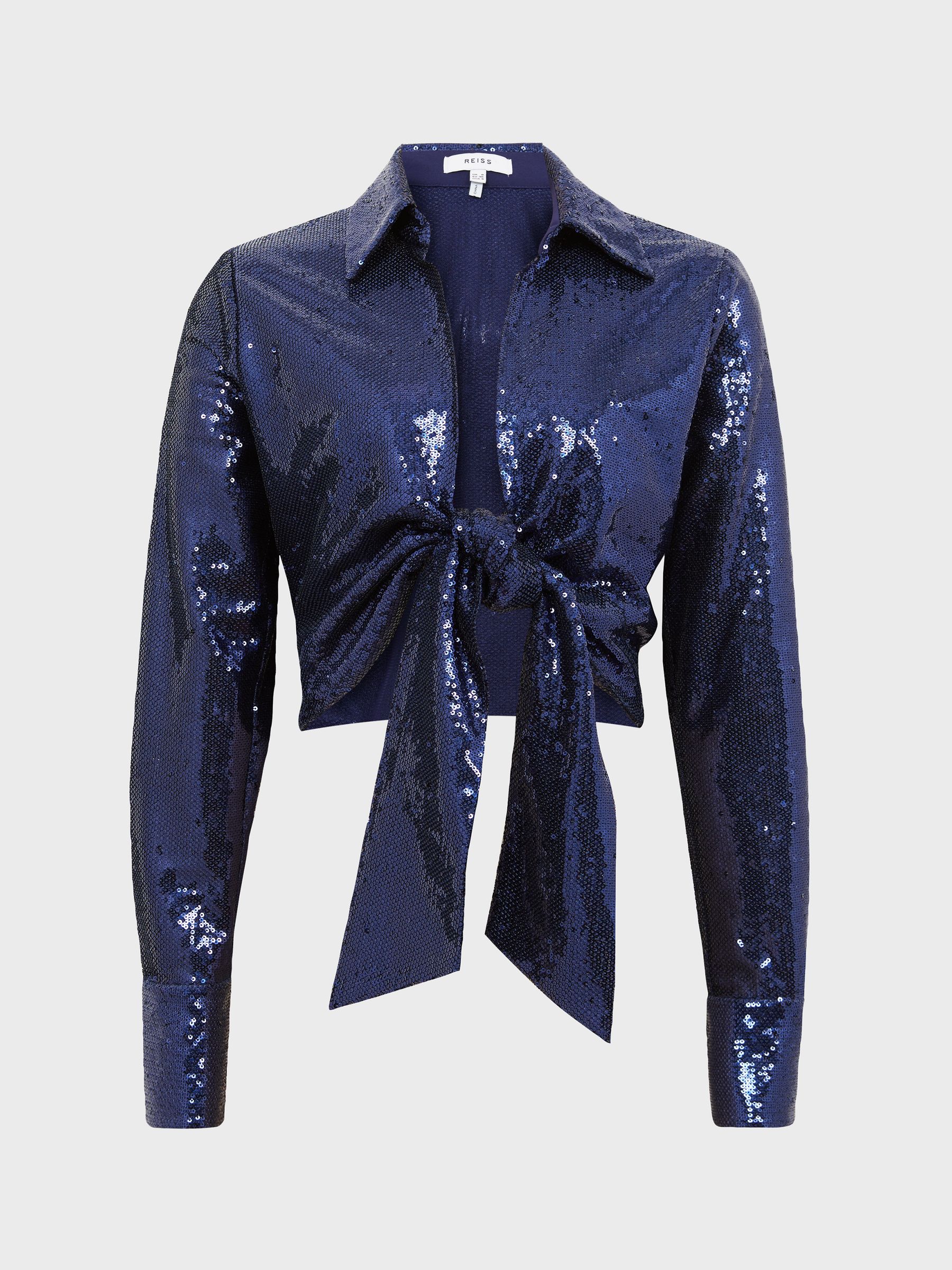 Tie Front Sequin Top in Dark Blue