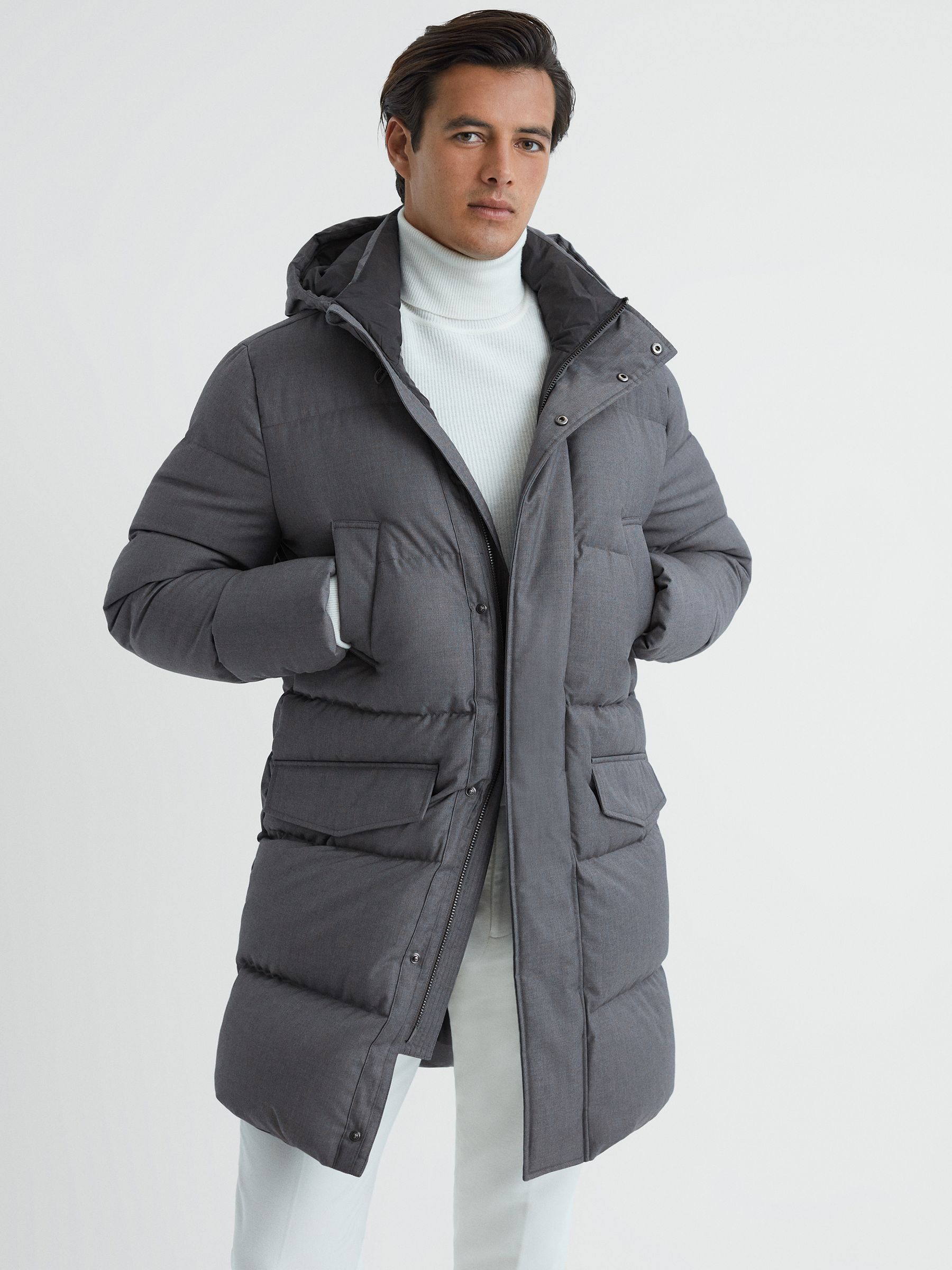 Reiss Quilted Hooded Coat in Grey REISS
