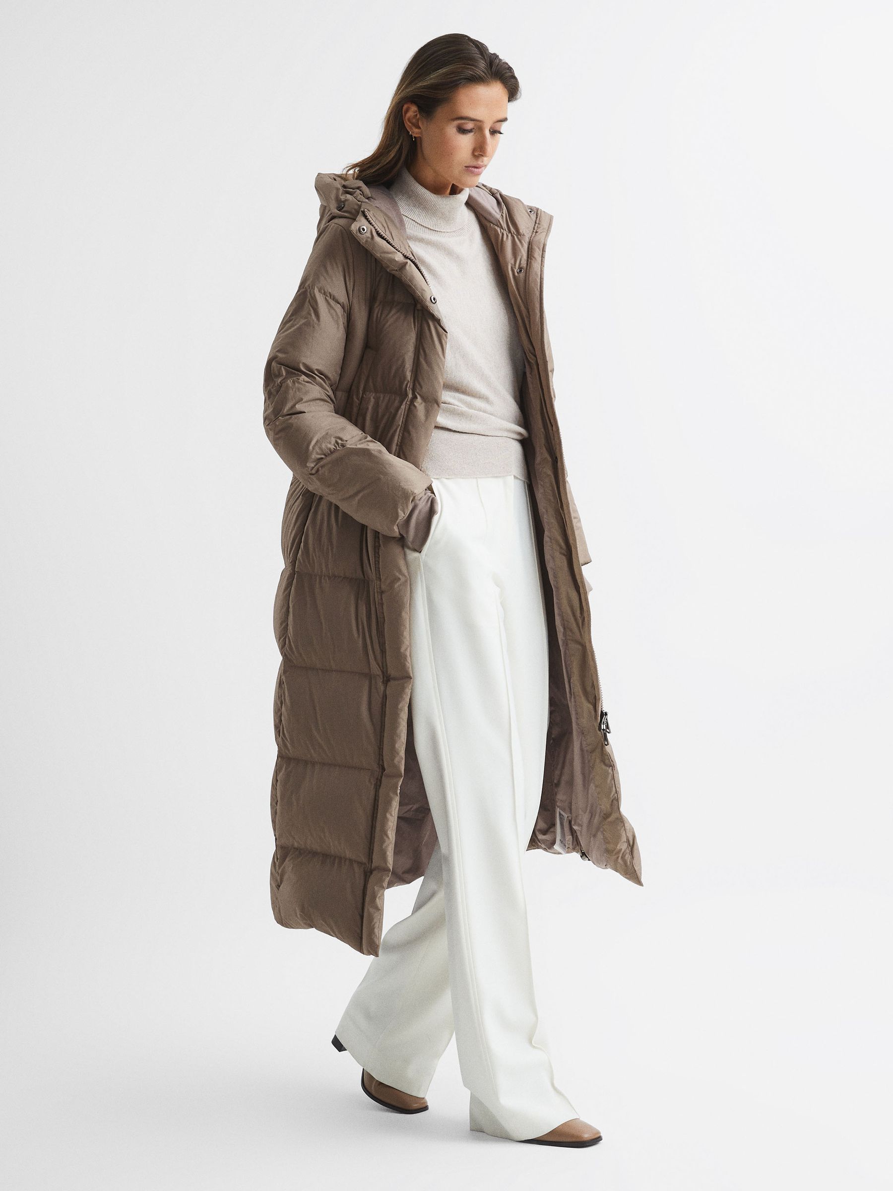 Reiss Longline Hooded Puffer Coat in Mink REISS