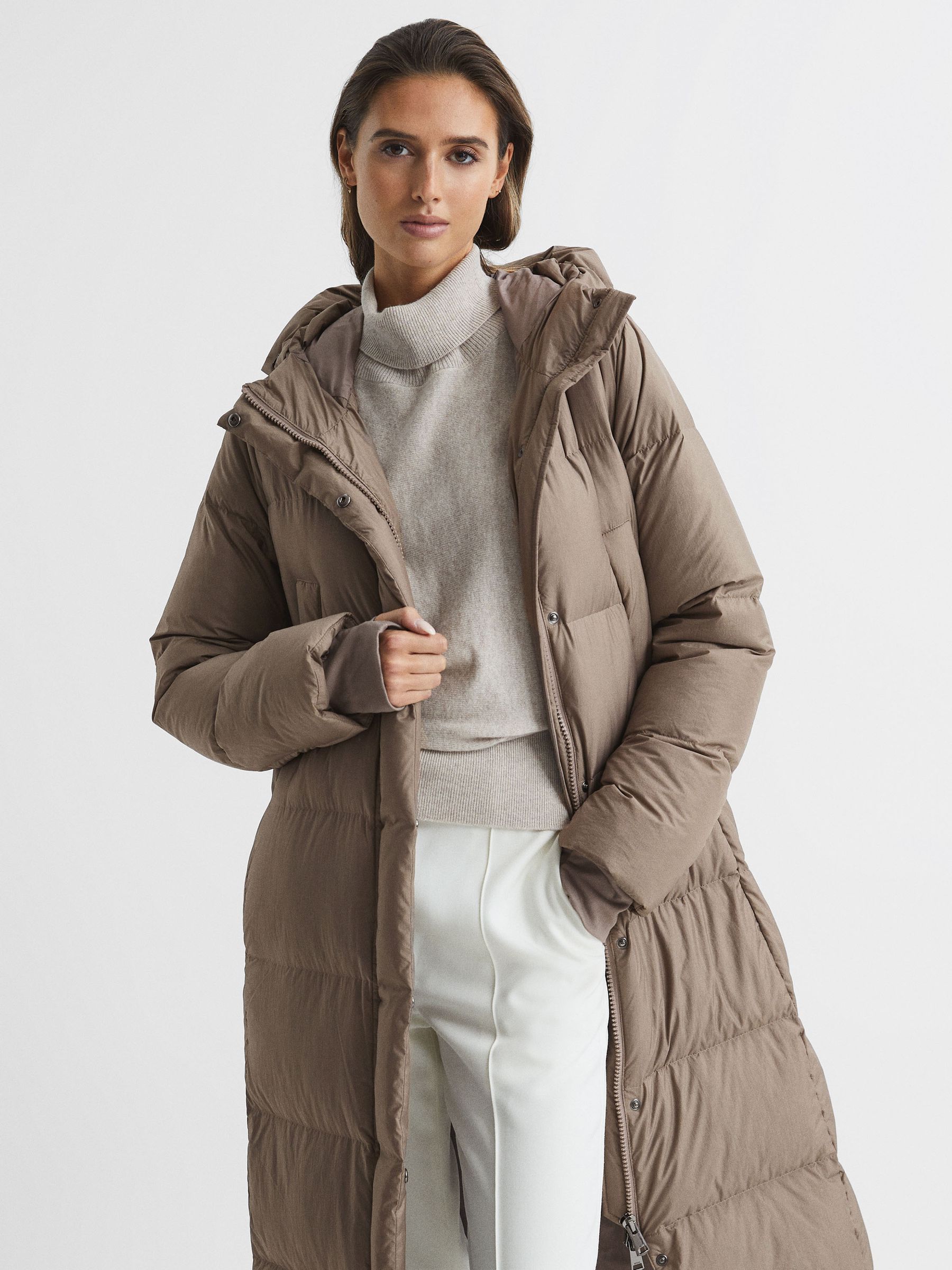 Reiss Longline Hooded Puffer Coat in Mink REISS