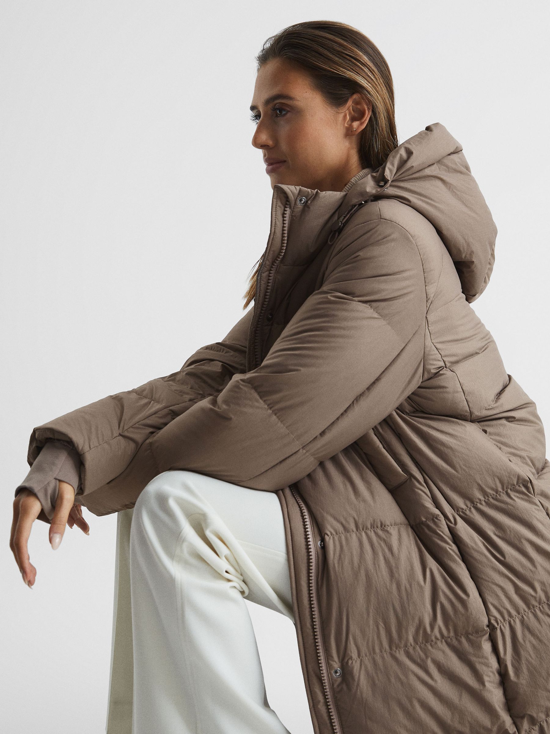 Reiss Longline Hooded Puffer Coat in Mink REISS