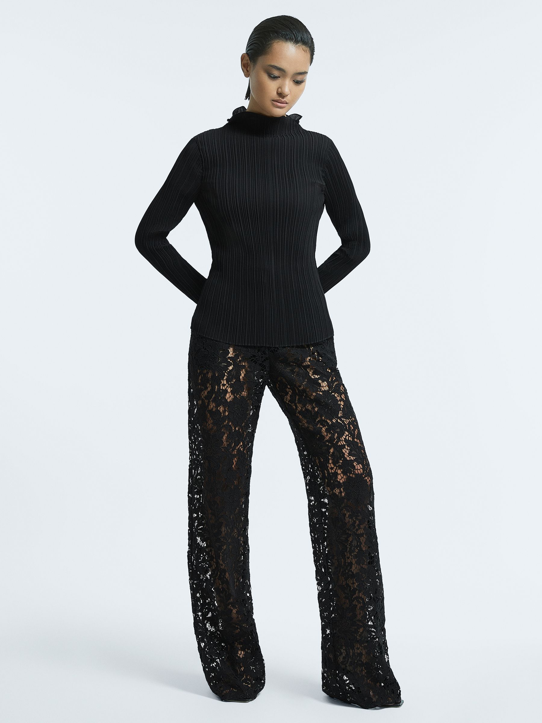 Reiss Lilly Black Sheer Lace Wide Leg Trousers REISS