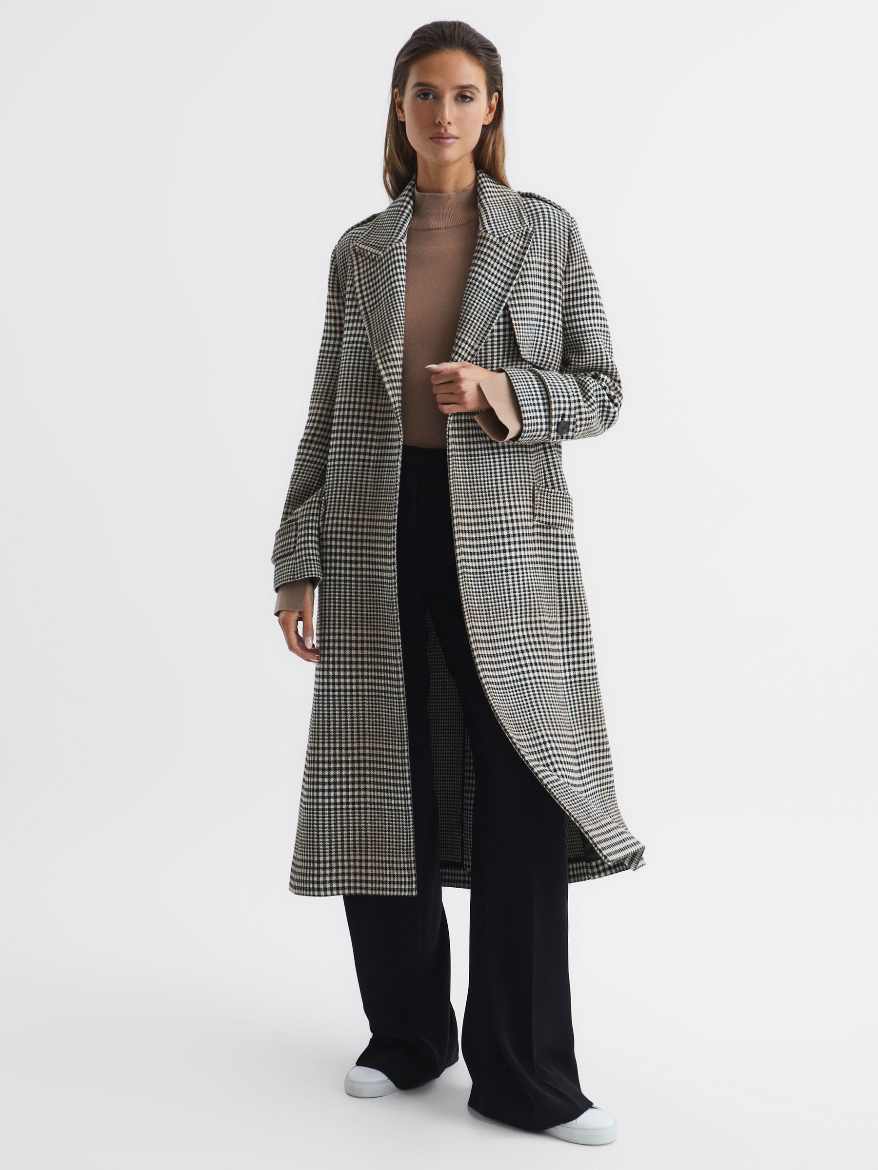 Reiss Wool Blend Checked Trench Overcoat in Black White REISS