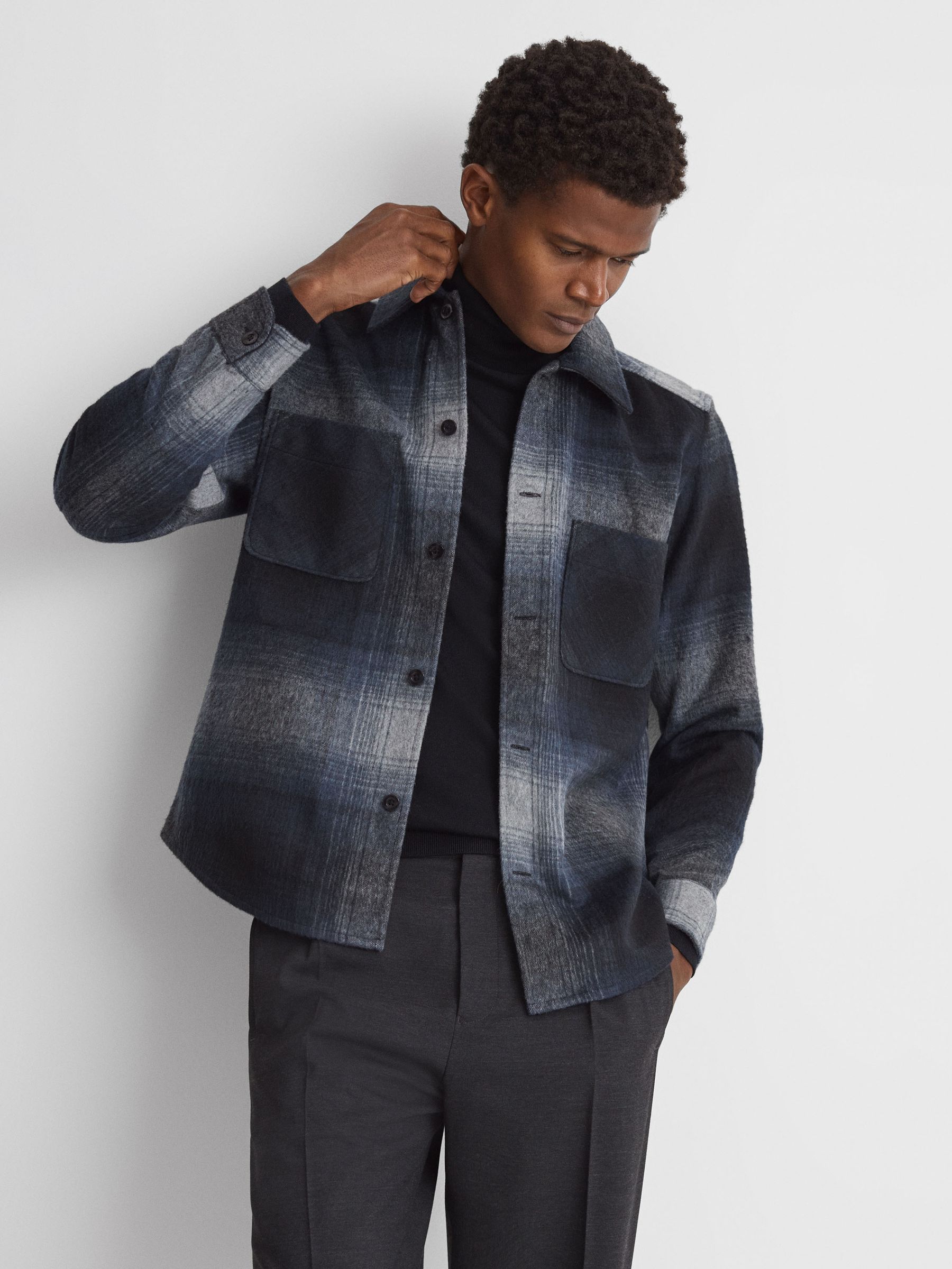 Wool Blend Check Overshirt in Blue Multi