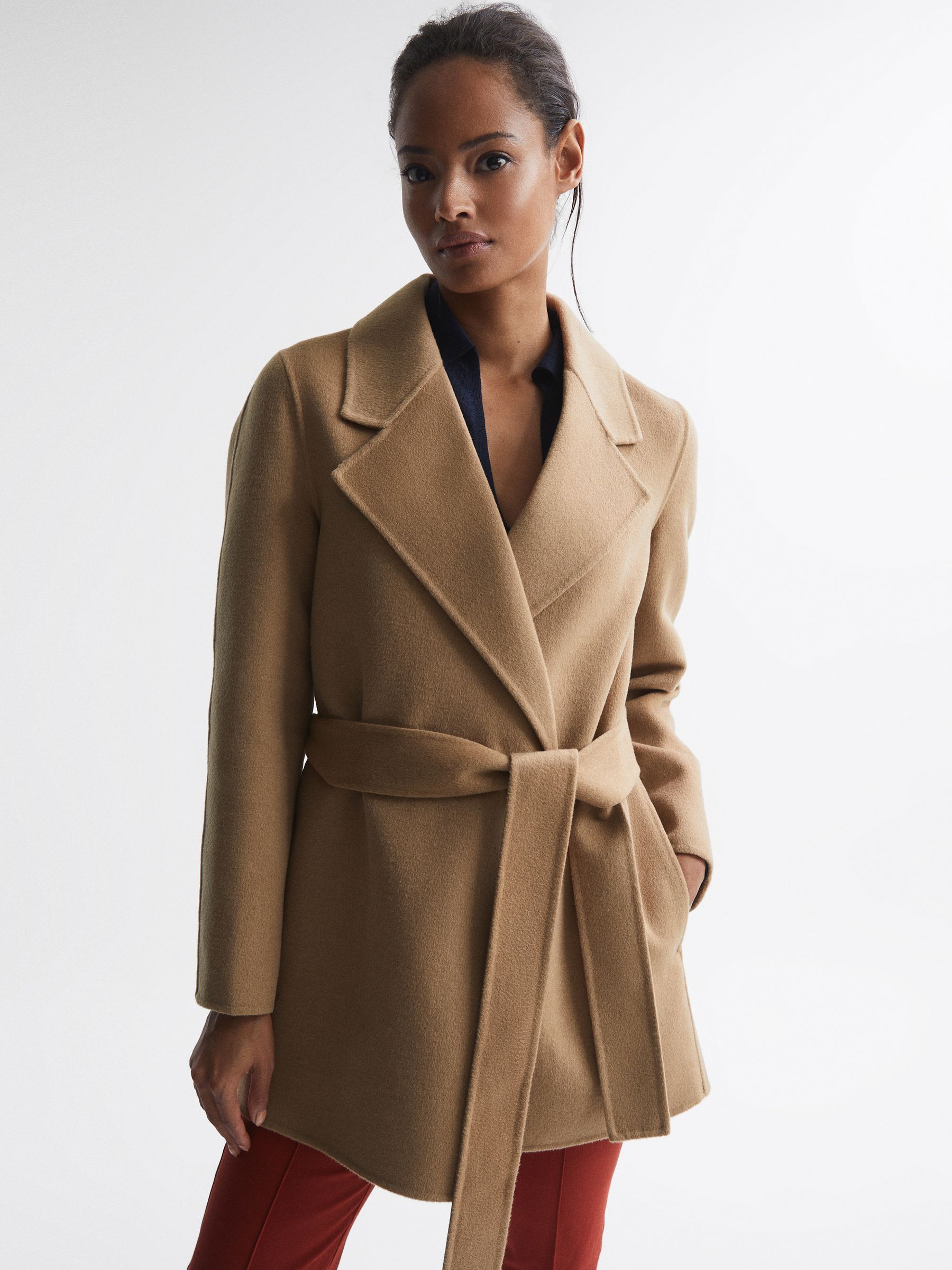 Reiss Belted Blindseam Short Coat in Camel REISS