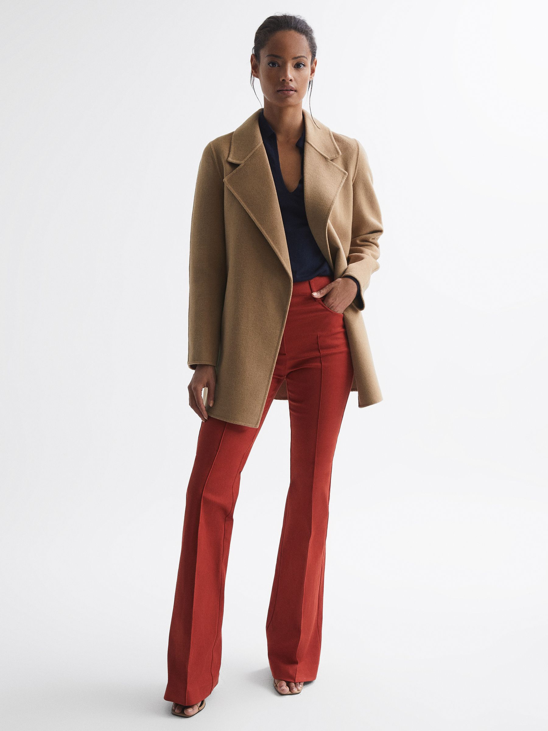 Reiss Belted Blindseam Short Coat in Camel REISS