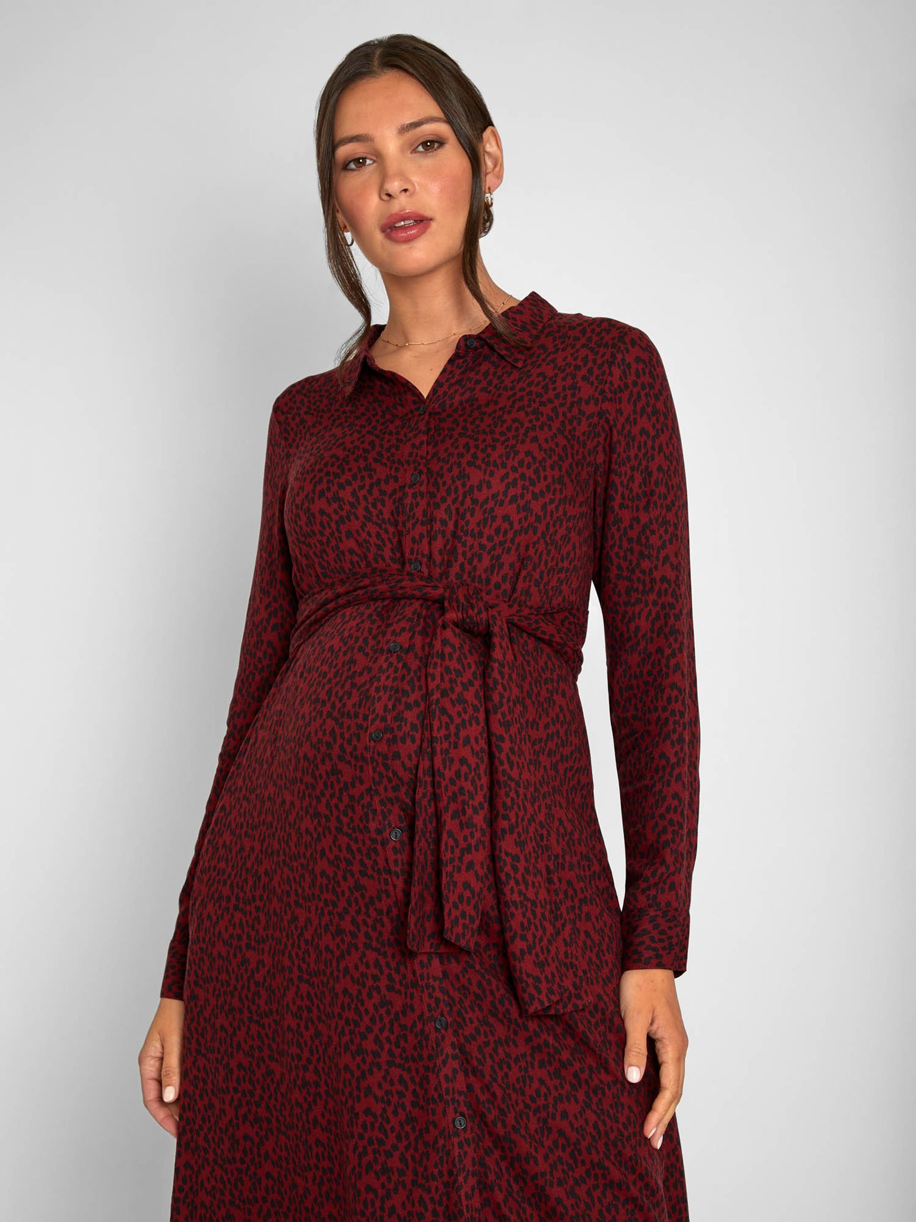 Burgundy Red Animal Print Shirt Maternity Dress With Tie