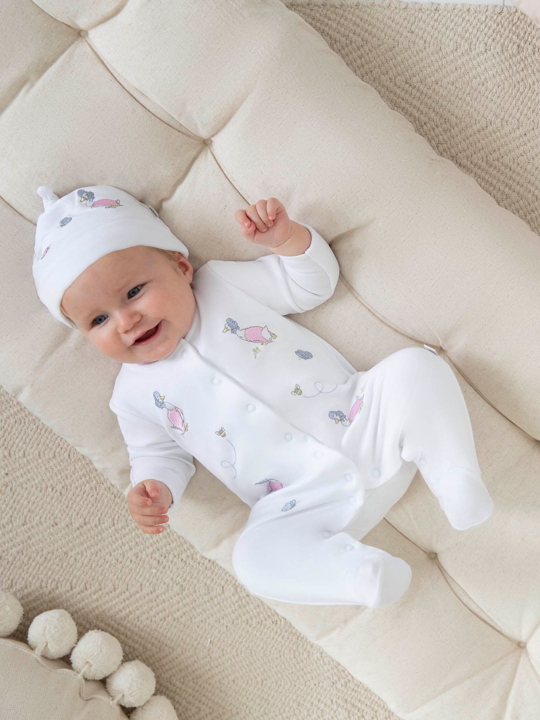Buy JoJo Maman Bebe White Jemima Puddle Duck Cotton Baby Sleepsuit Hat Set from the JoJo Maman Bebe UK online shop
