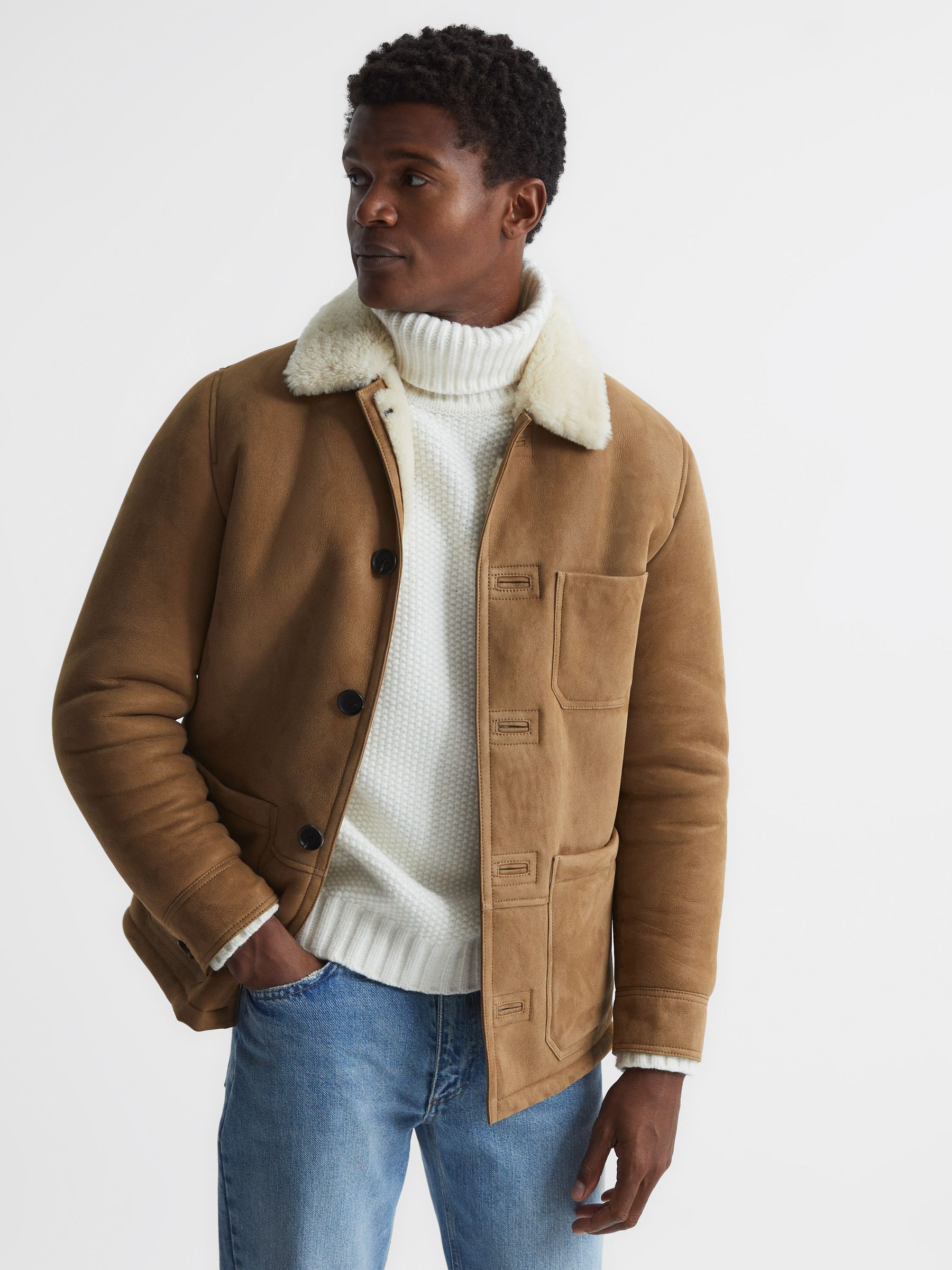Reiss Shearling Jacket in Camel REISS