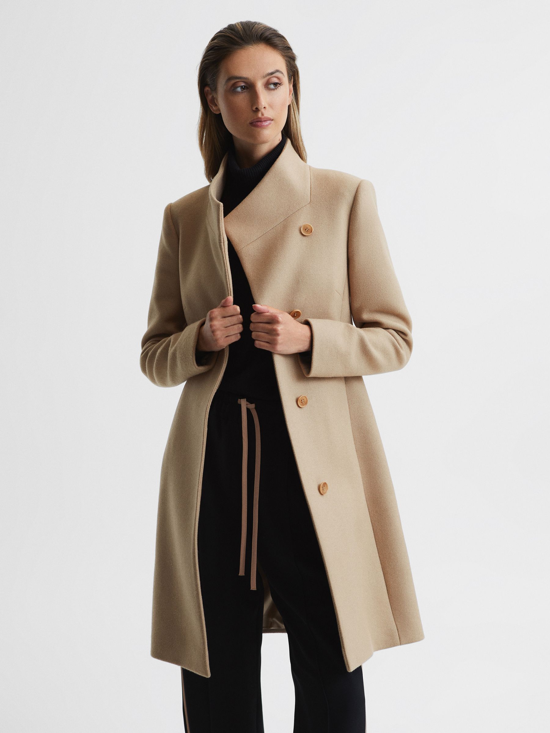 Reiss Wool Blend Mid Length Coat in Camel REISS