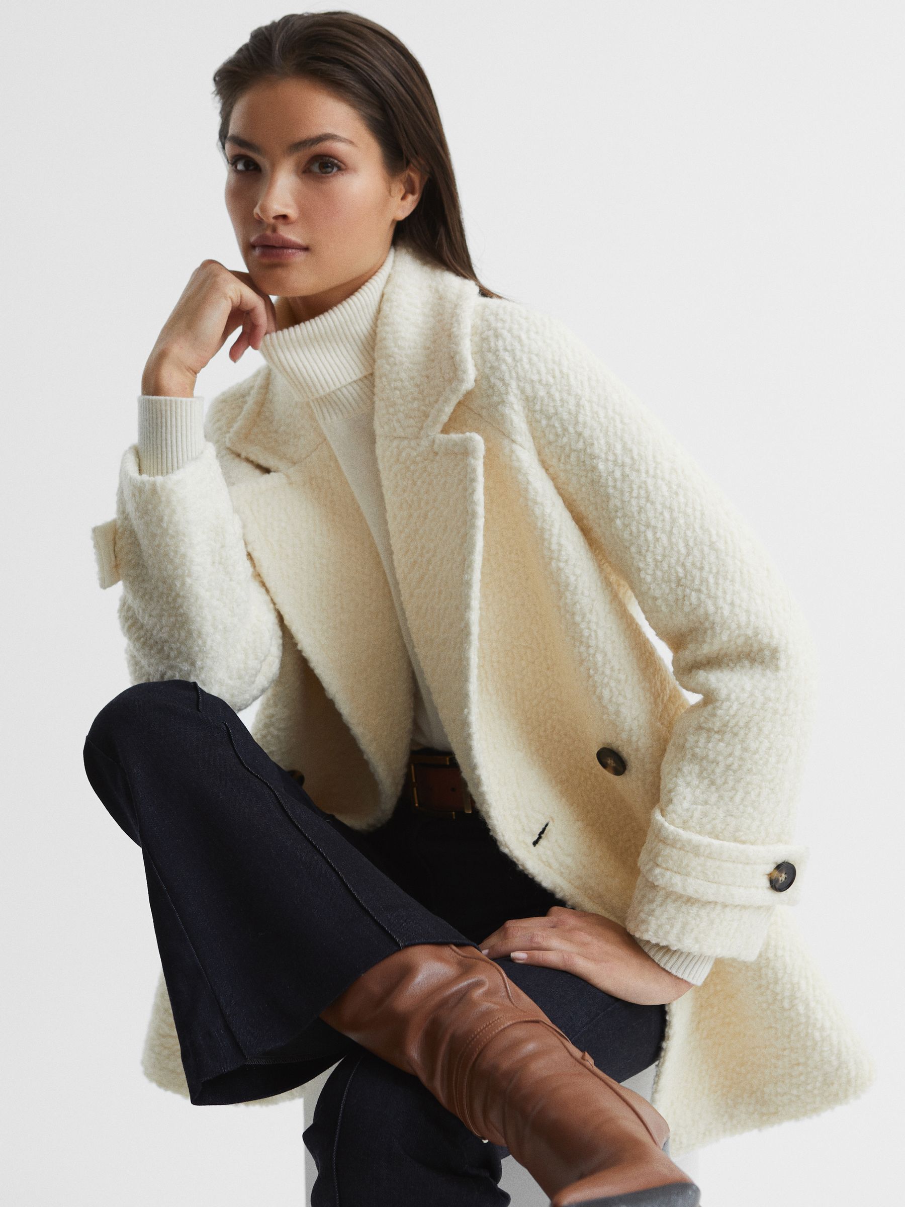 Reiss Short Wool Blend Boucle Teddy Coat in Cream REISS