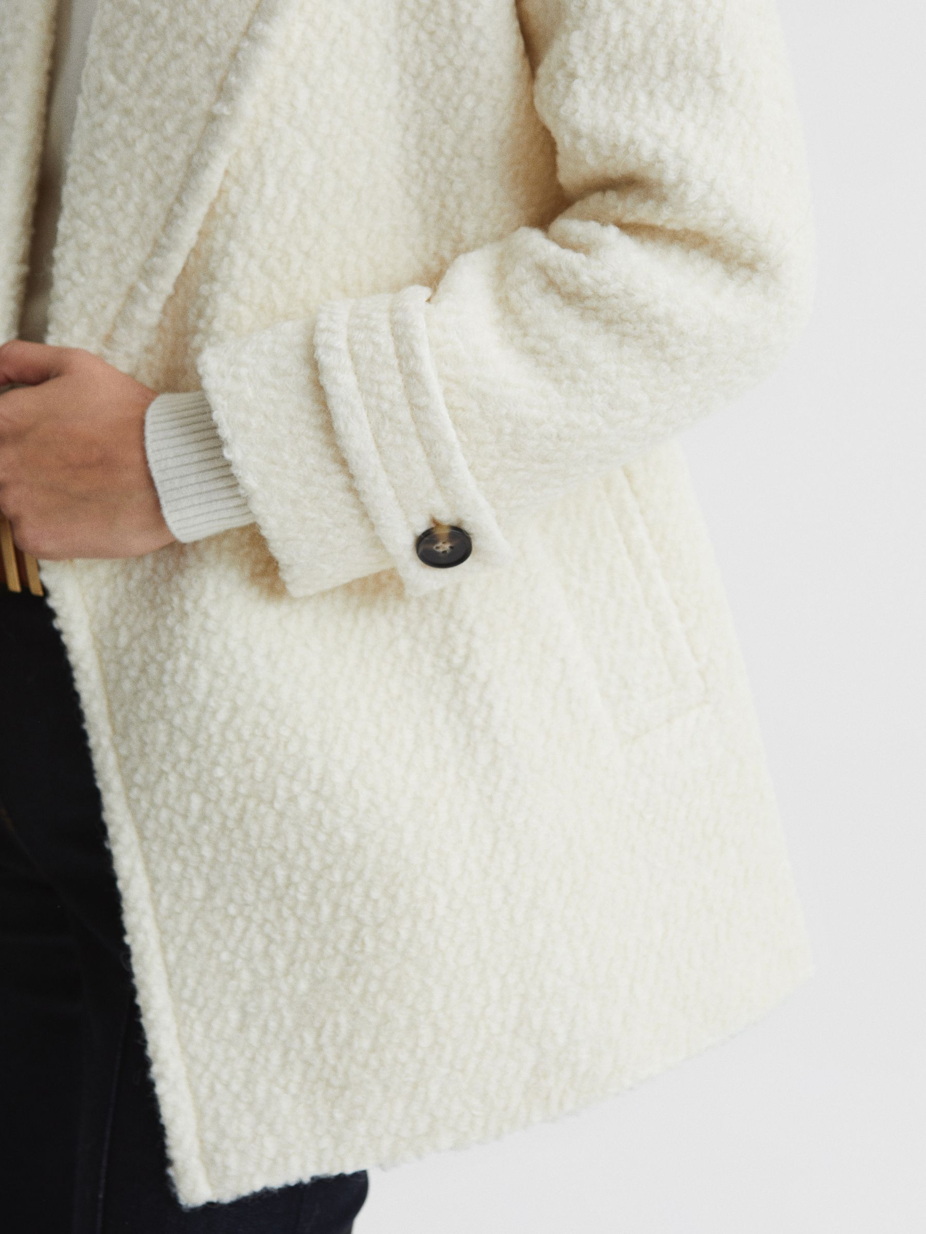 Reiss Short Wool Blend Boucle Teddy Coat in Cream REISS