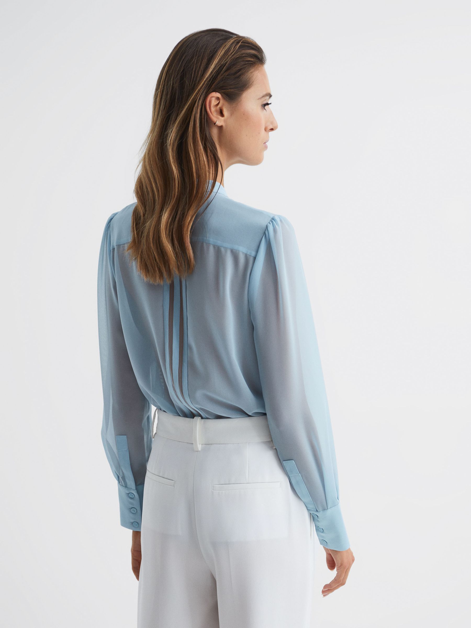 Reiss Sheer Striped Long Sleeve Blouse in Blue REISS