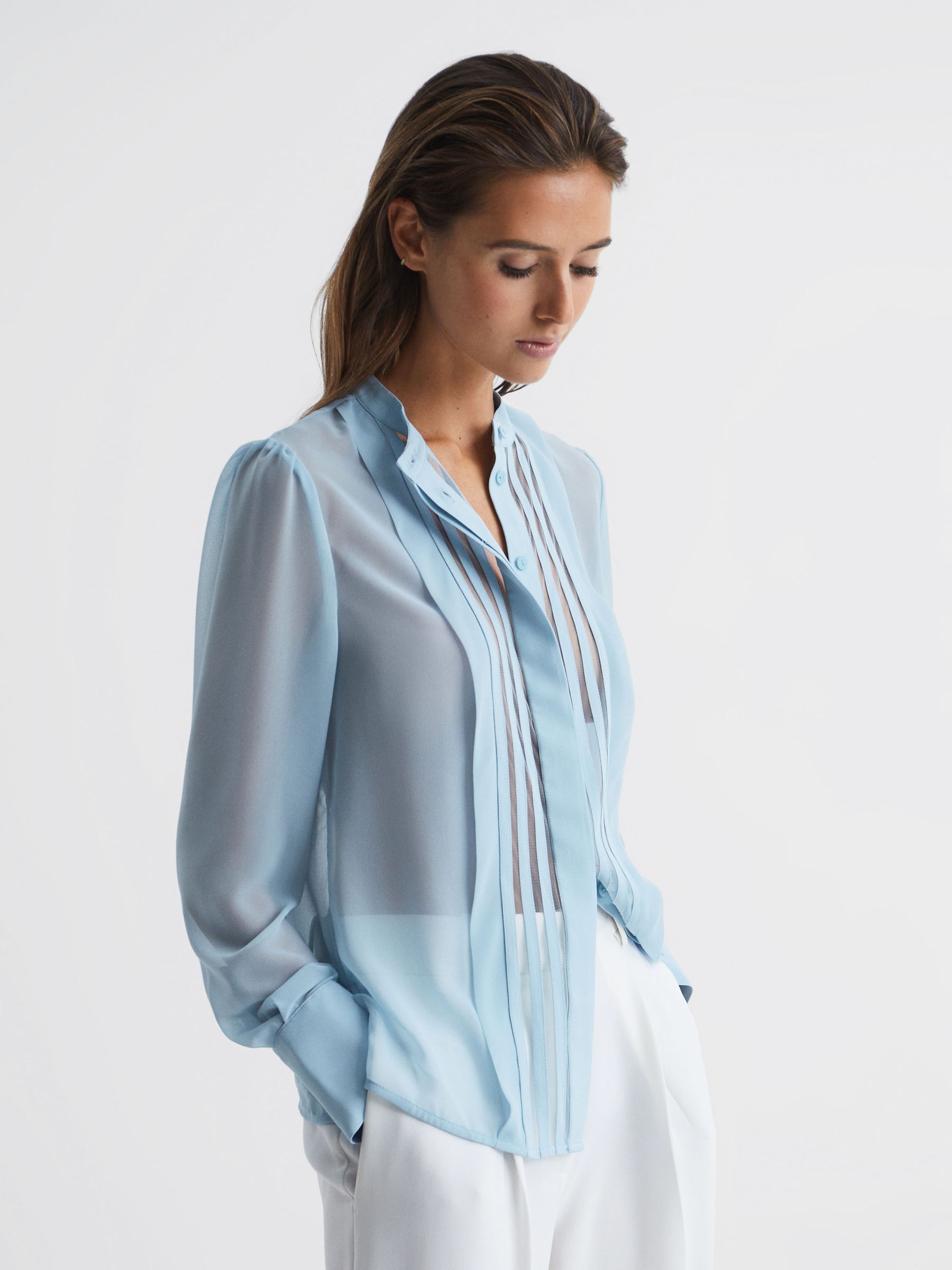 Reiss Sheer Striped Long Sleeve Blouse in Blue REISS