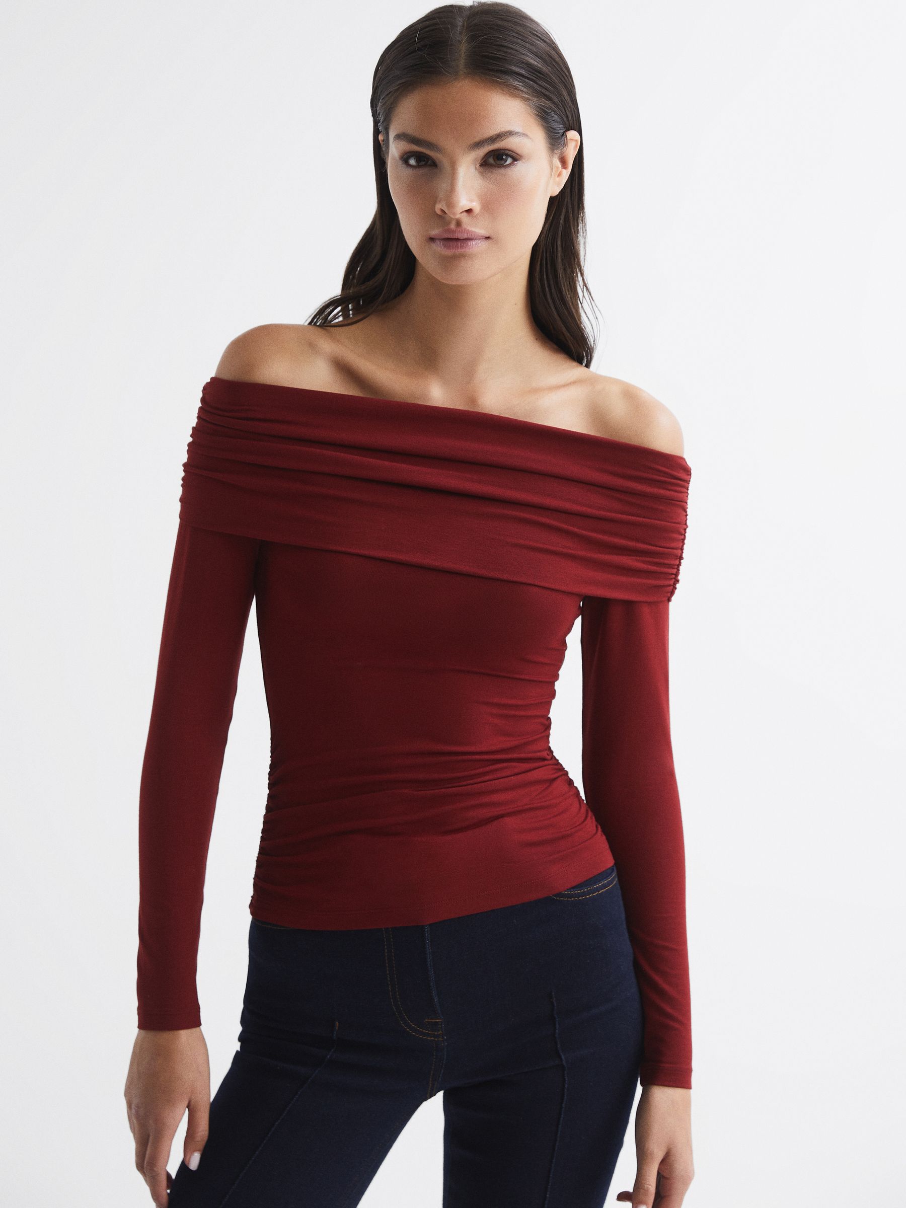 Reiss Off Shoulder Long Sleeve Top in Red REISS