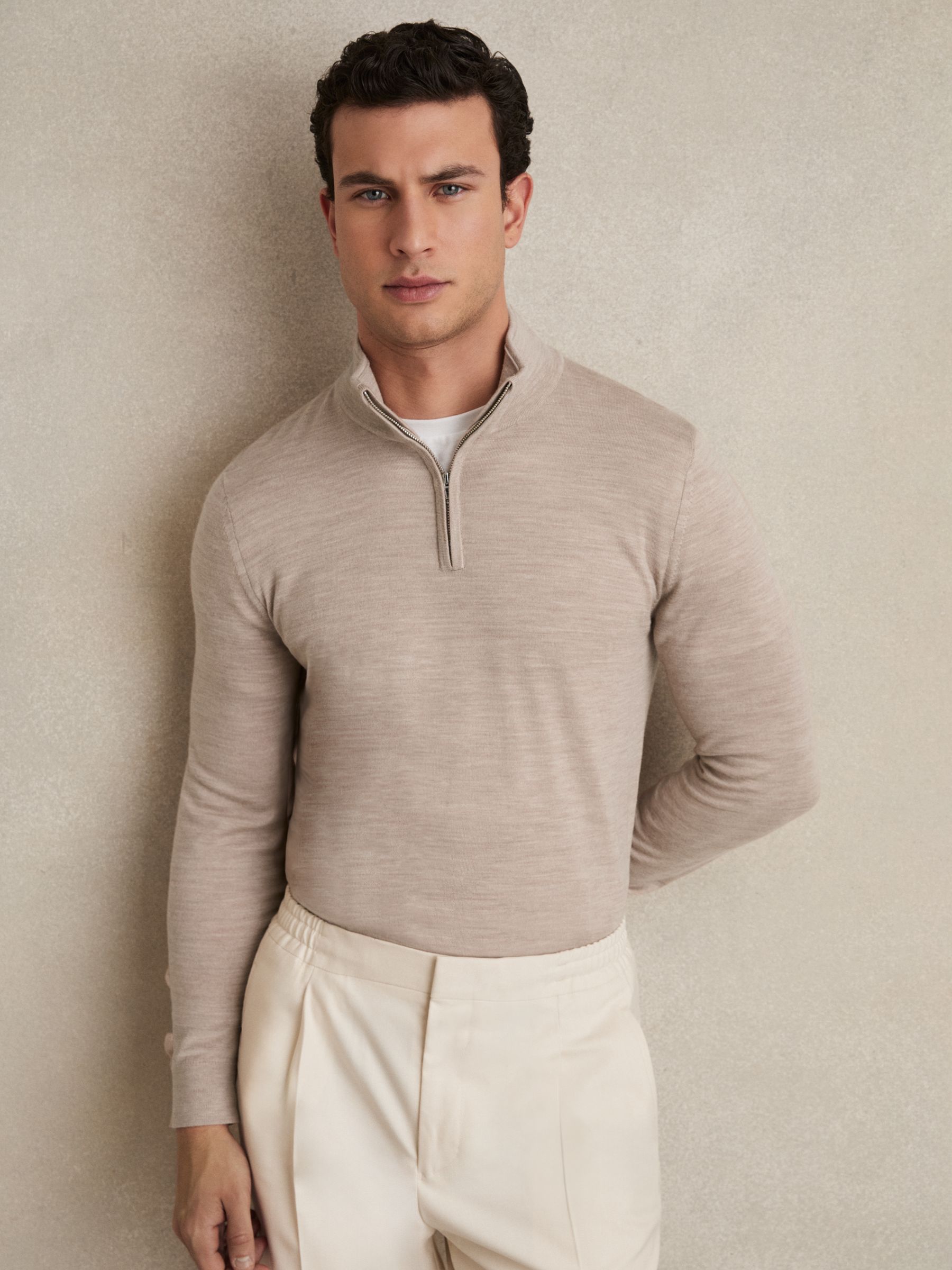 Reiss Merino Wool Half-Zip Funnel Neck Jumper in Wheat Melange - REISS