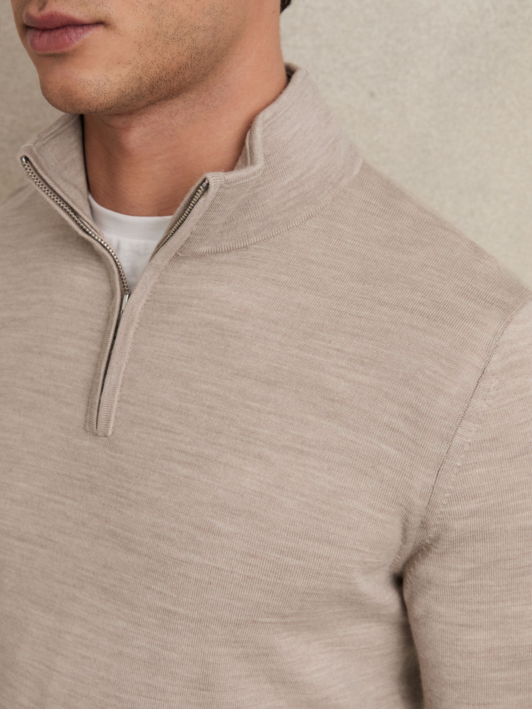 Reiss Merino Wool Half-Zip Funnel Neck Jumper in Wheat Melange - REISS