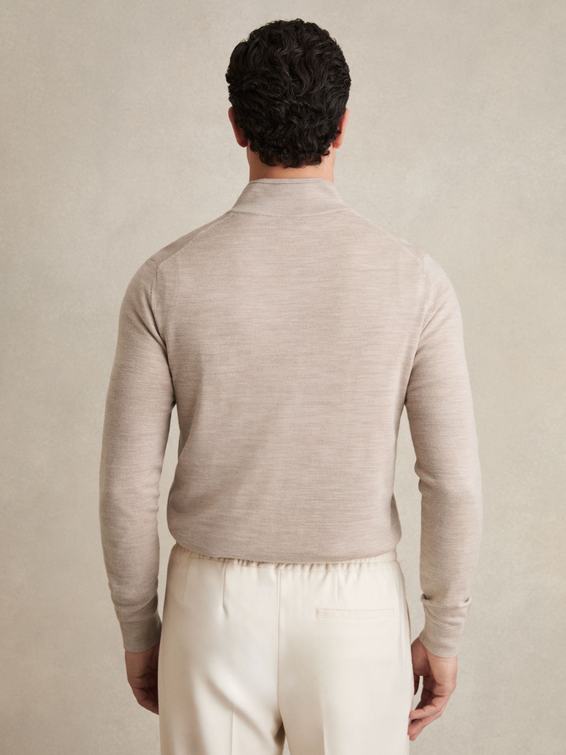 Reiss Merino Wool Half-Zip Funnel Neck Jumper in Wheat Melange - REISS