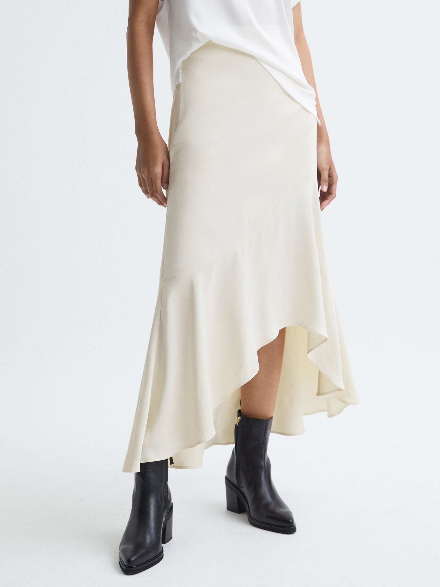 Satin High Rise Midi Skirt in Ivory