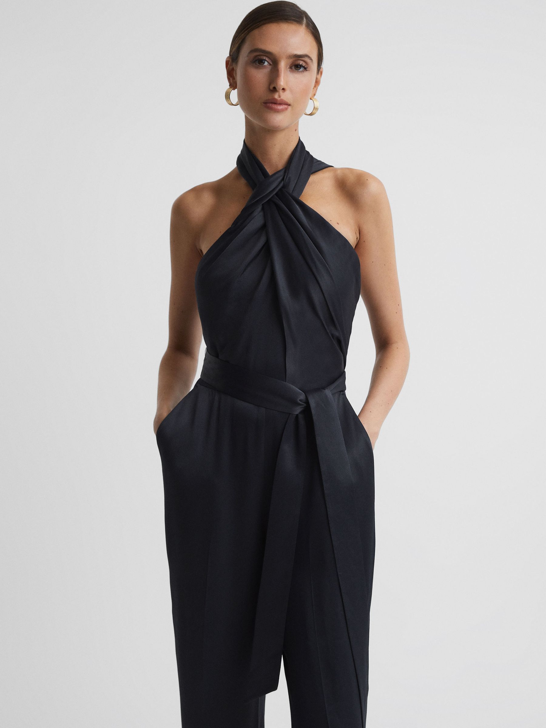 Reiss Satin Halter Neck Fitted Jumpsuit in Midnight Navy REISS