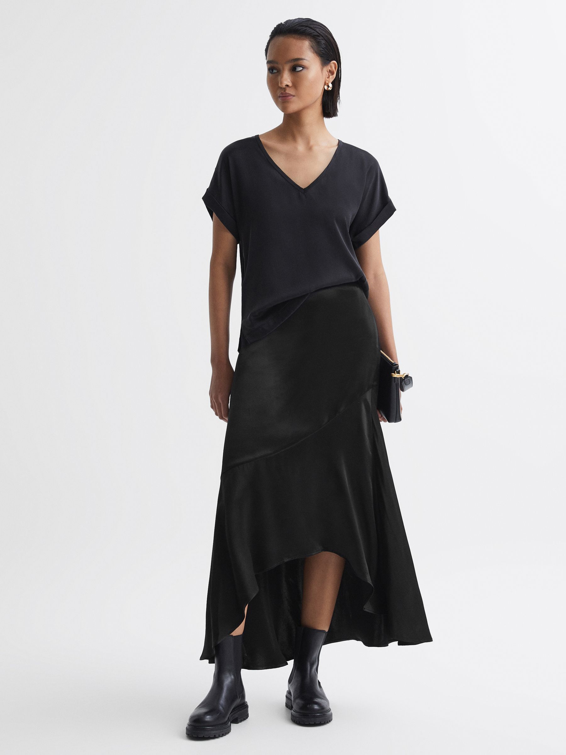 Reiss Satin High Rise Midi Skirt in Black REISS