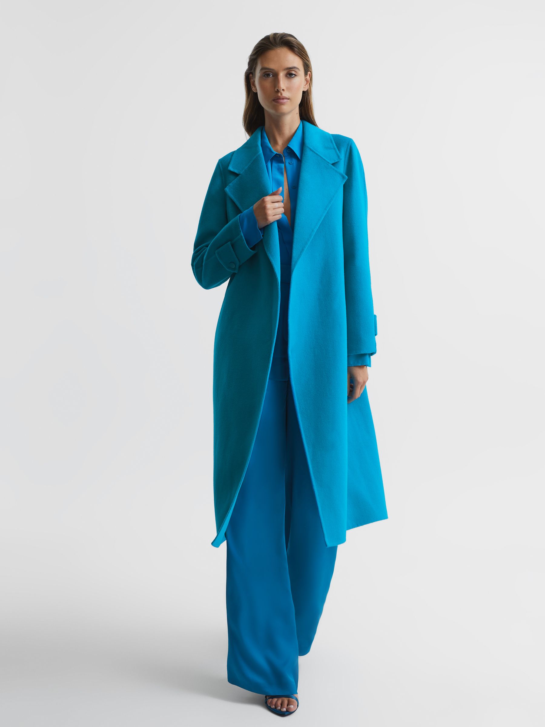 Reiss Belted Blindseam Wool Longline Coat in Blue REISS