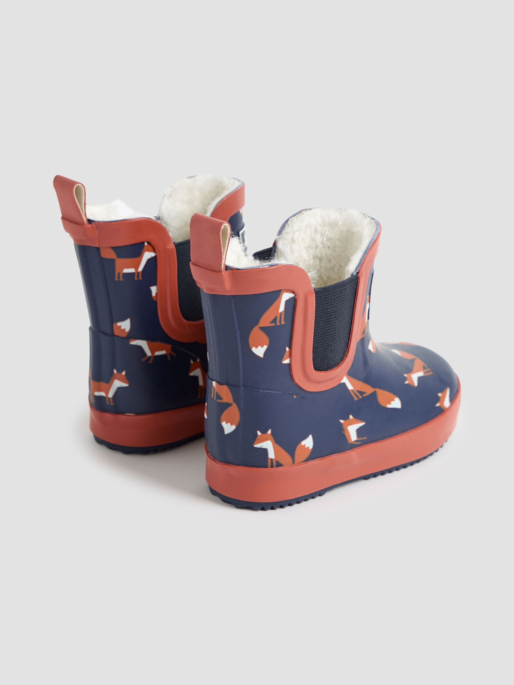 Navy Blue Fox Cosy Lined Printed Ankle Wellies