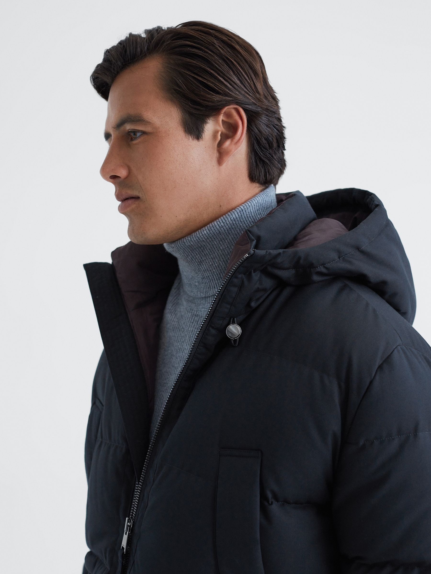 Reiss Quilted Short Hooded Coat in Navy REISS