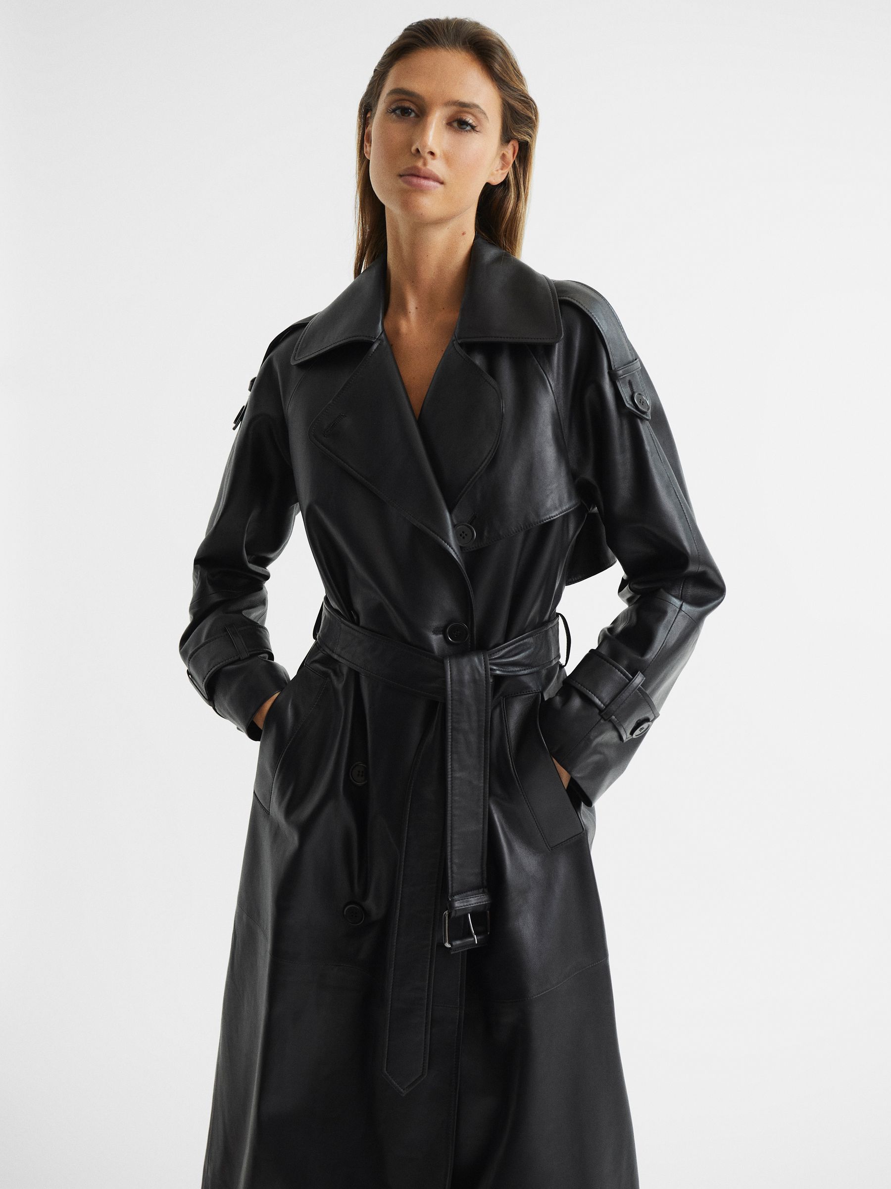 Reiss Leather Trench Coat in Black REISS