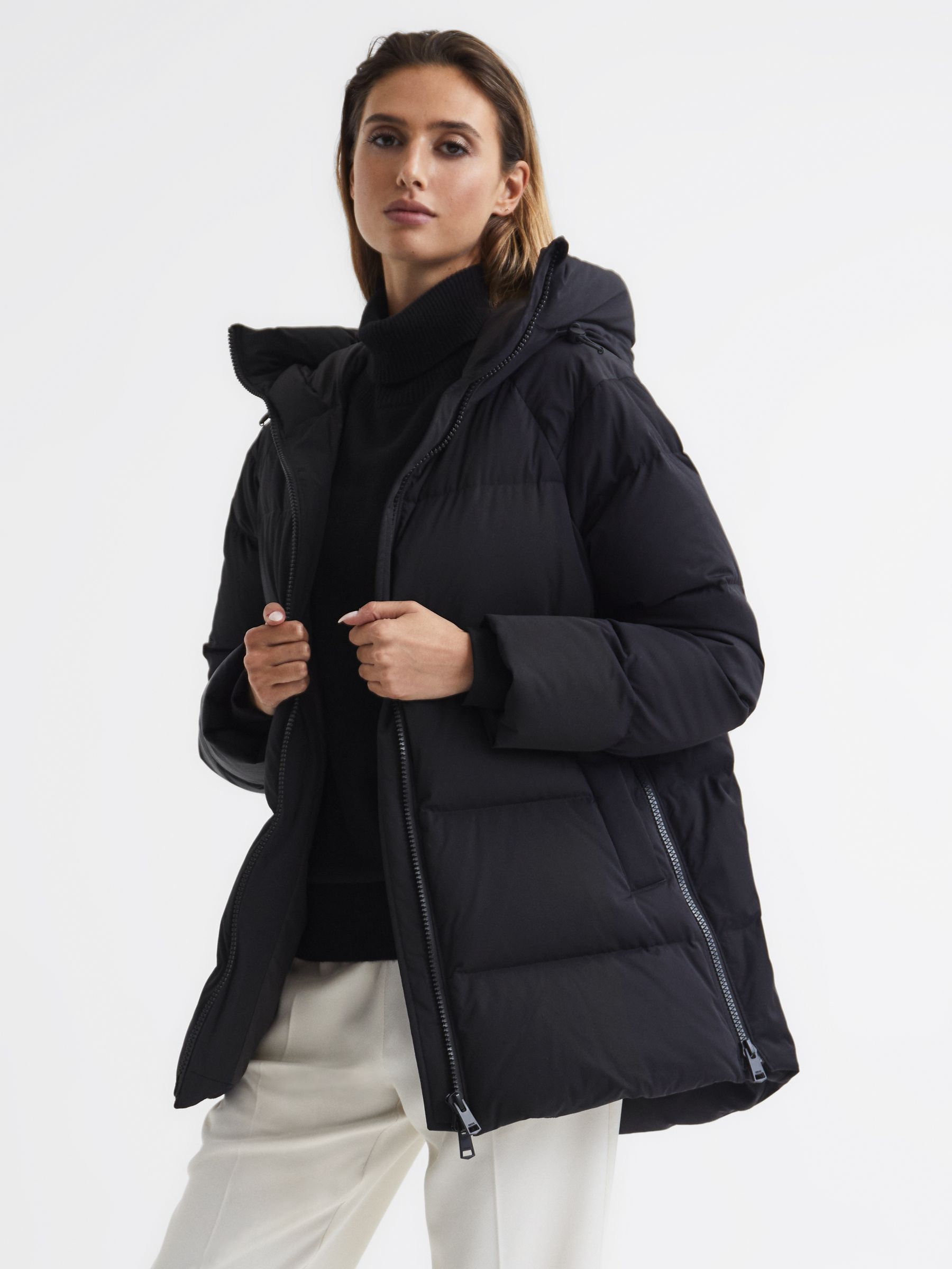 Reiss Mid Length Water Repellent Puffer Coat in Black REISS