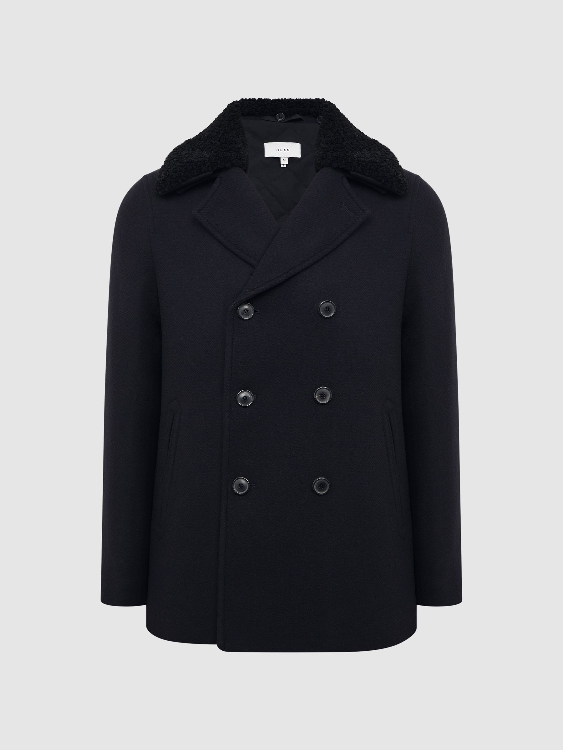 Reiss Shearling Mid Length Pea Coat in Navy REISS