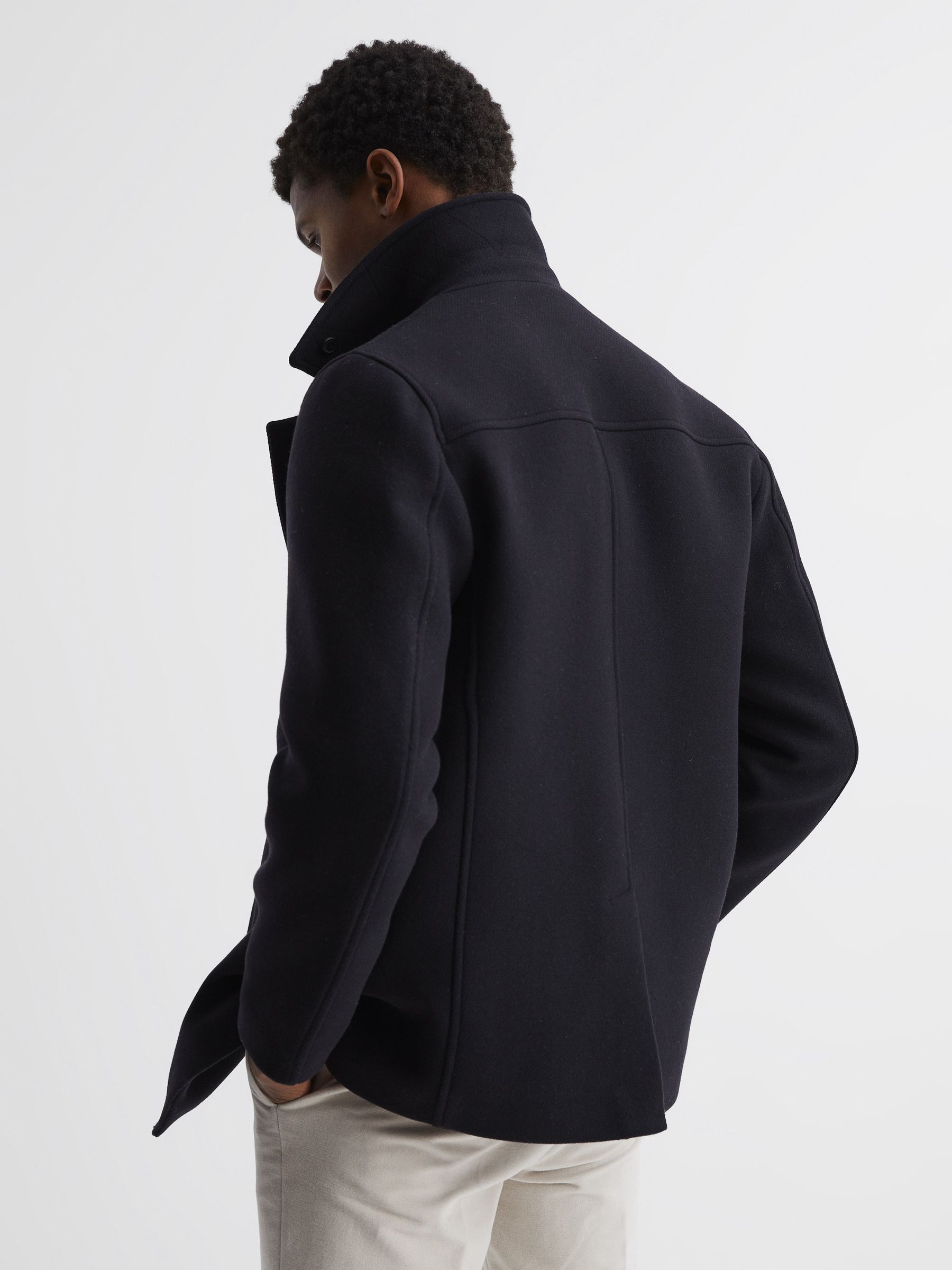 Reiss Shearling Mid Length Pea Coat in Navy REISS