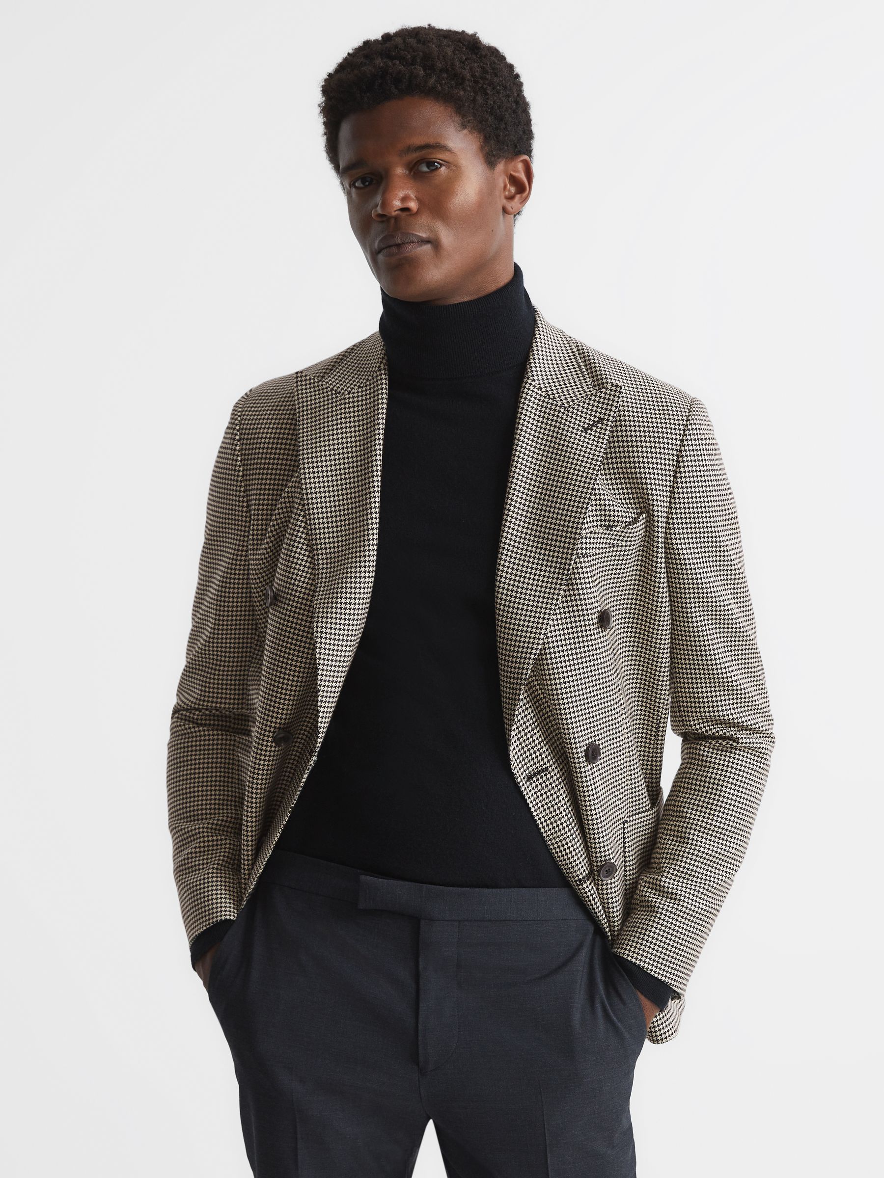 Reiss Double Breasted Dogtooth Slim Fit Blazer in Black White REISS