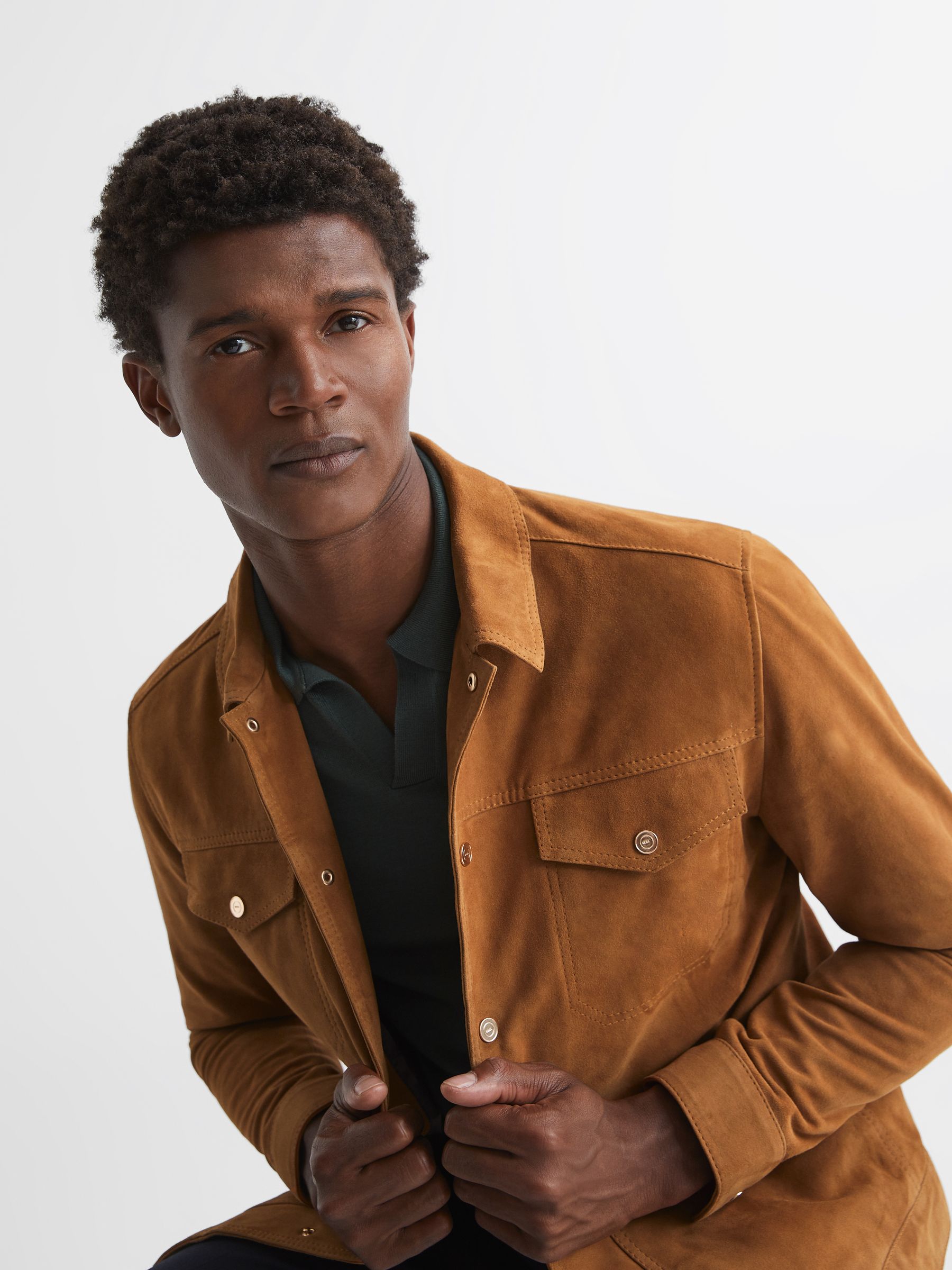 Reiss Press Stud Suede Trucker Jacket in Caramel REISS