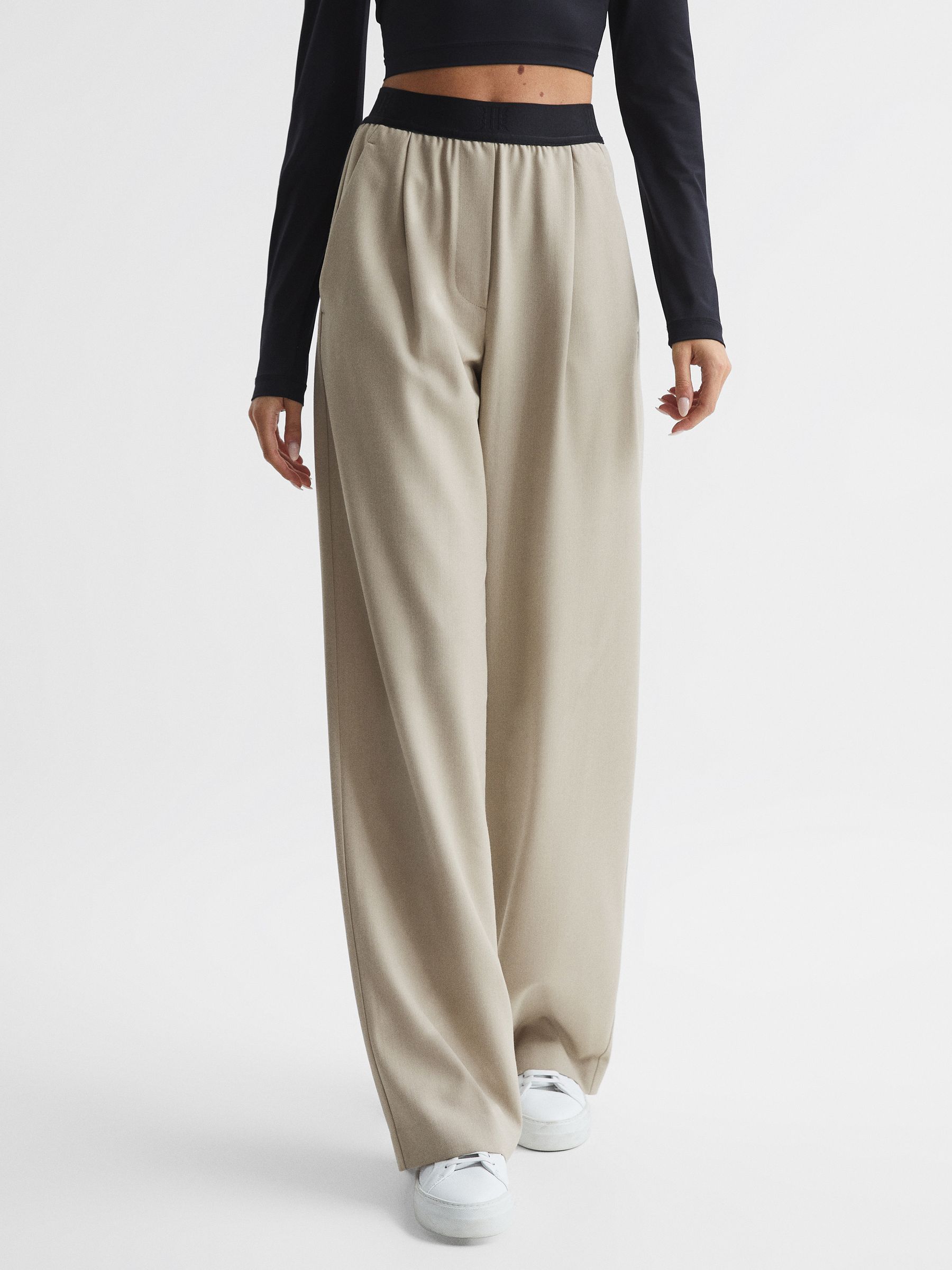Reiss Wide Leg Elasticated Waist Trousers in Stone REISS