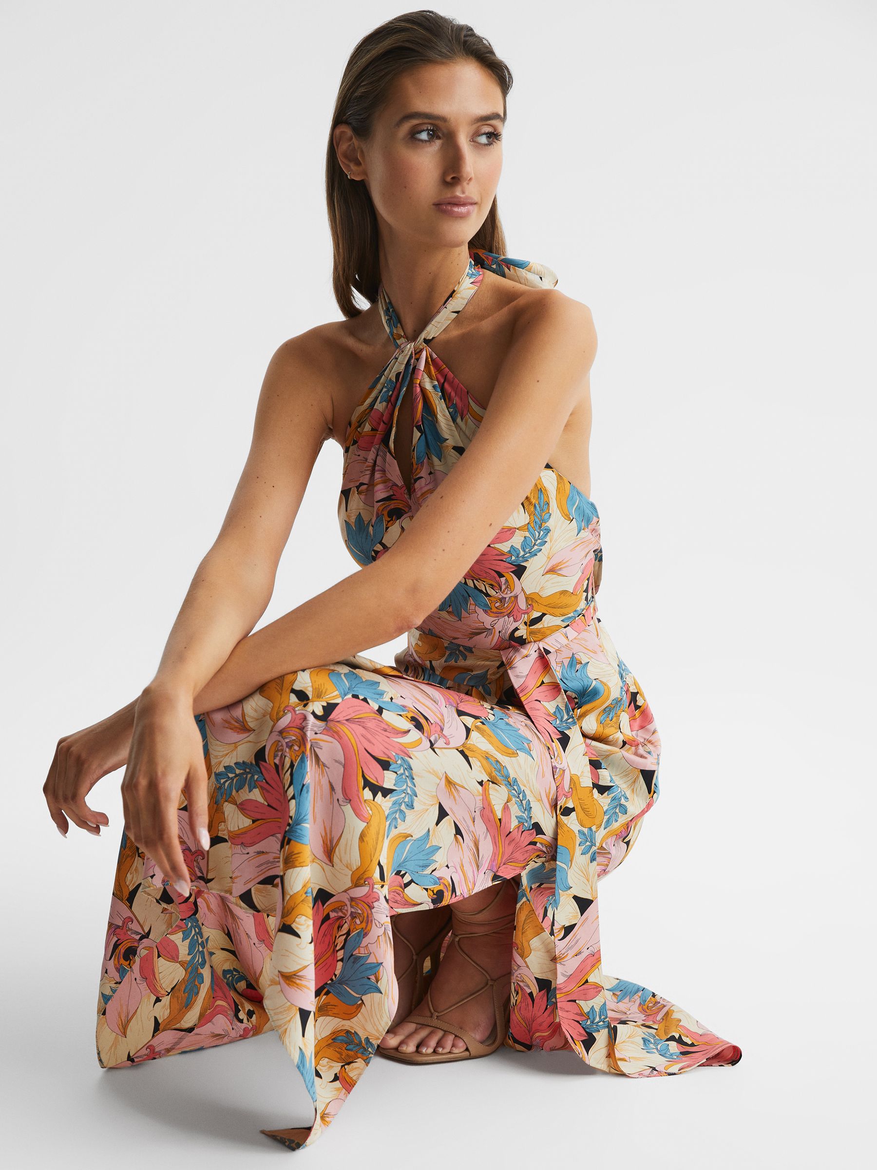 Floral Printed Halter Neck Midi Dress in Pink Neutral