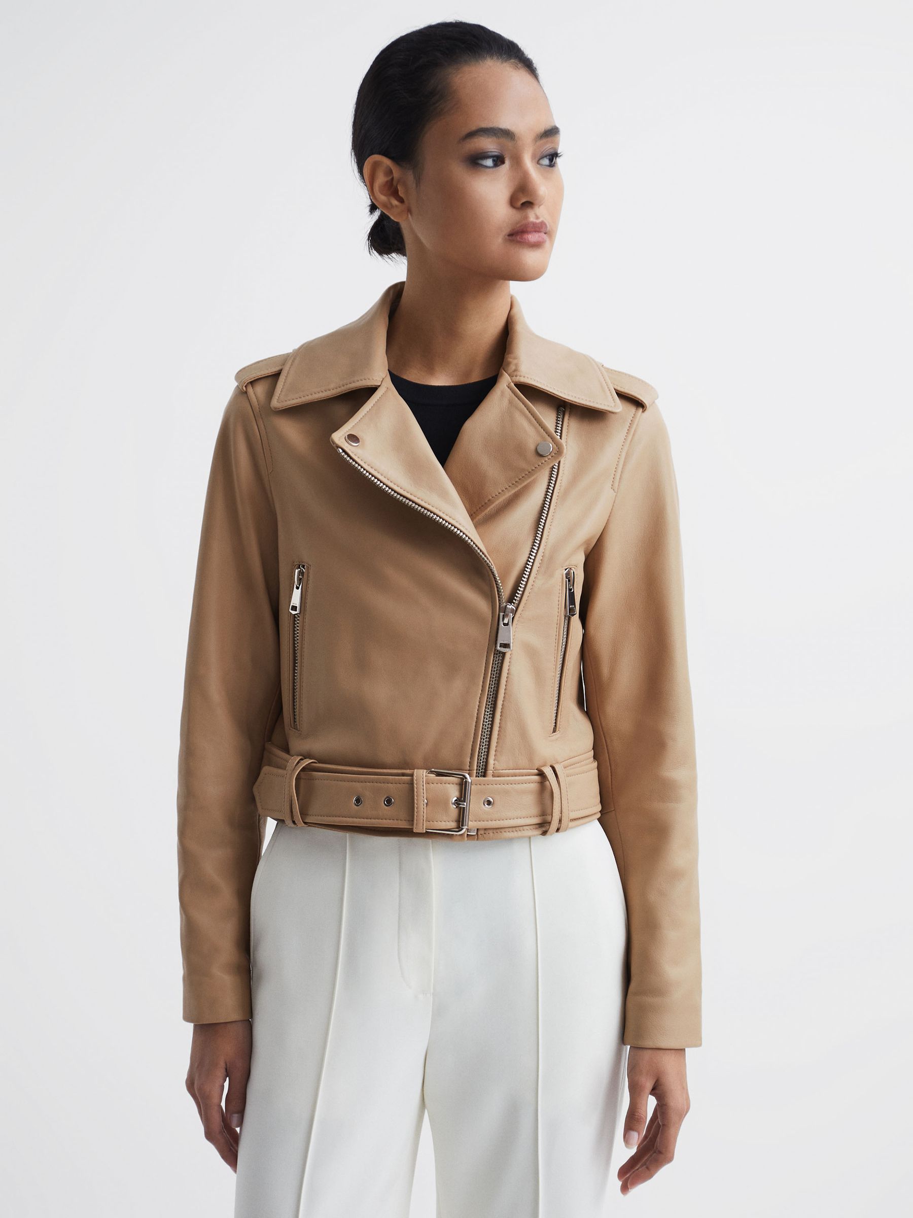 Reiss Leather Biker Jacket in Neutral REISS