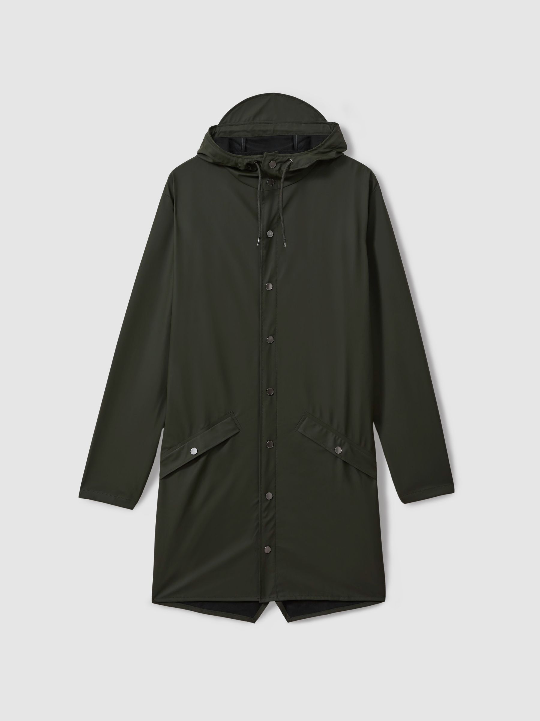 Reiss Rains Longline Hooded Raincoat in Dark Green REISS