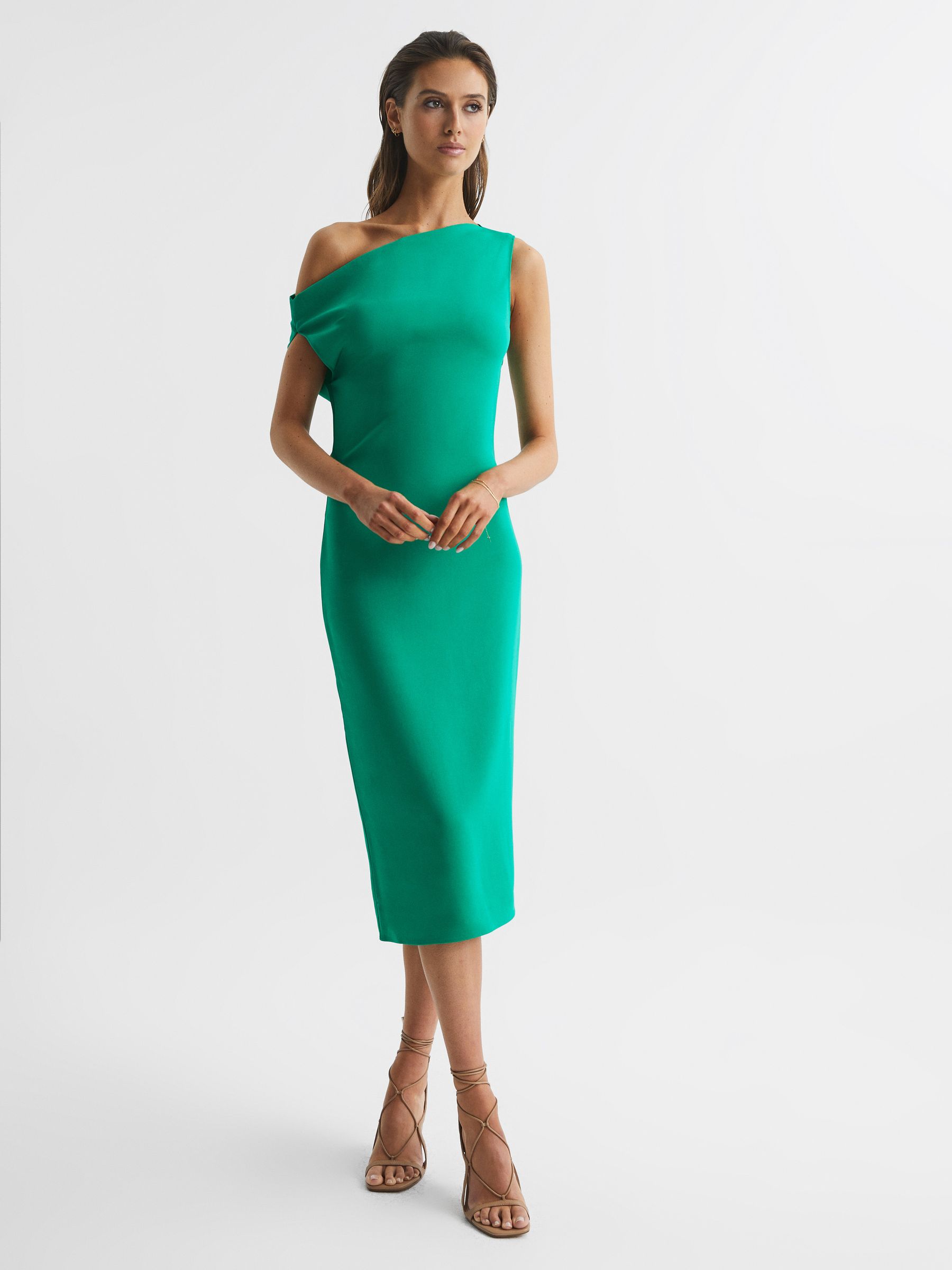 Reiss Off Shoulder Bodycon Midi Dress in Green REISS