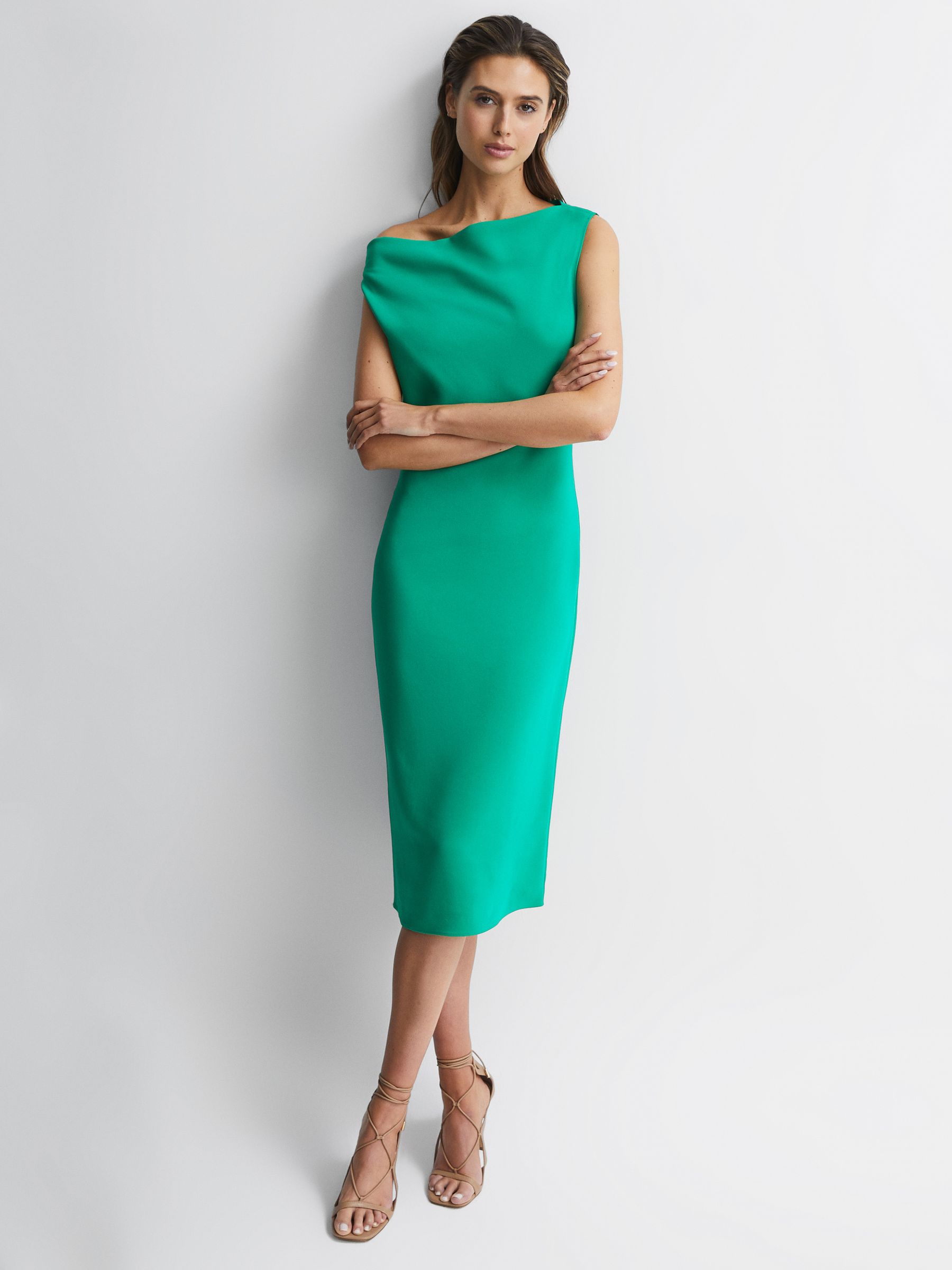 Reiss Off Shoulder Bodycon Midi Dress in Green REISS